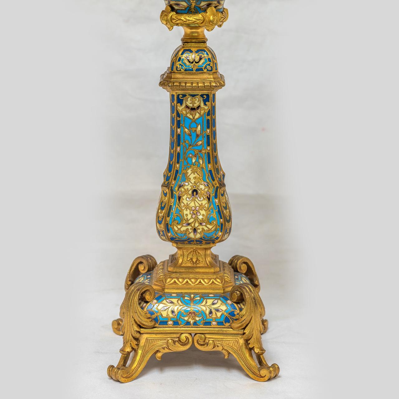 19th Century French Champleve Enamel and Ormolu Clock Set For Sale 6