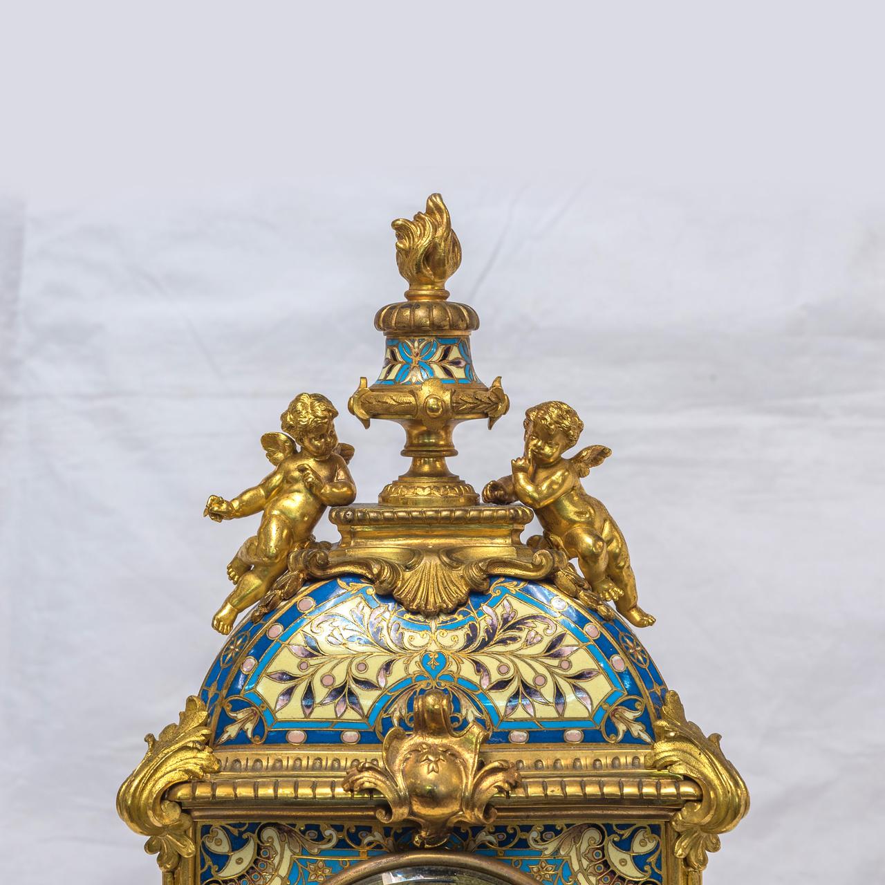 19th Century French Champleve Enamel and Ormolu Clock Set For Sale 7