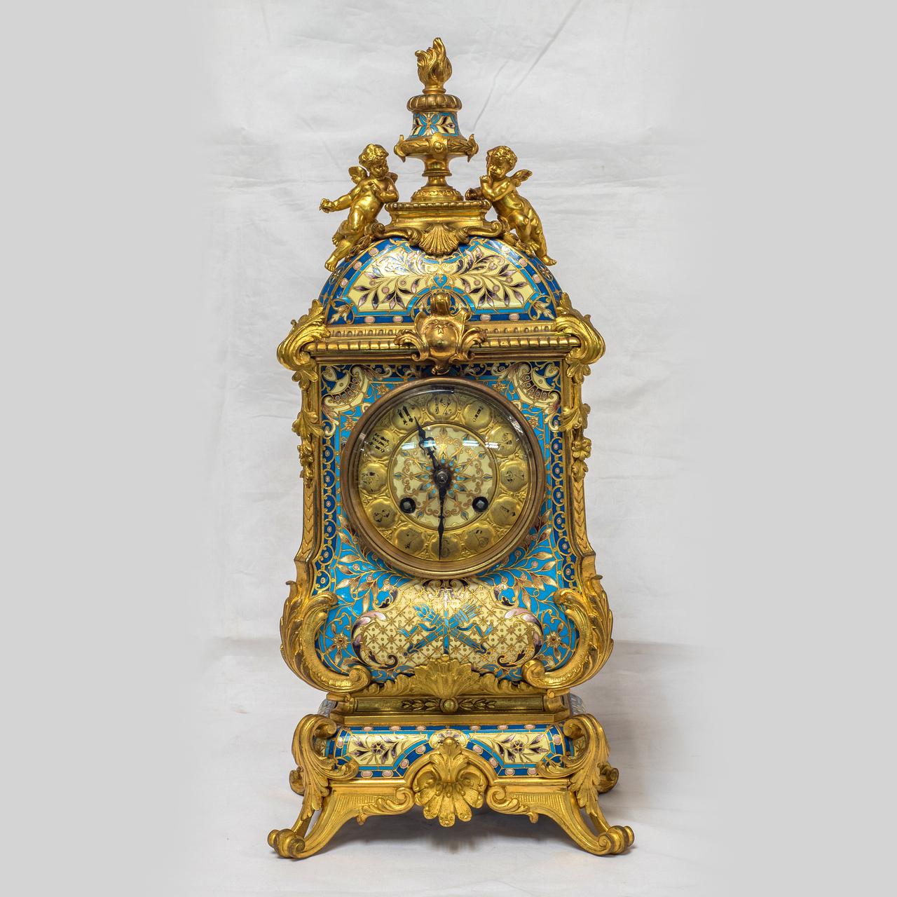 Champlevé 19th Century French Champleve Enamel and Ormolu Clock Set For Sale