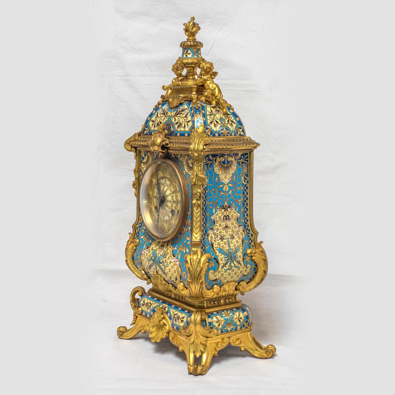 19th Century French Champleve Enamel and Ormolu Clock Set In Good Condition For Sale In New York, NY