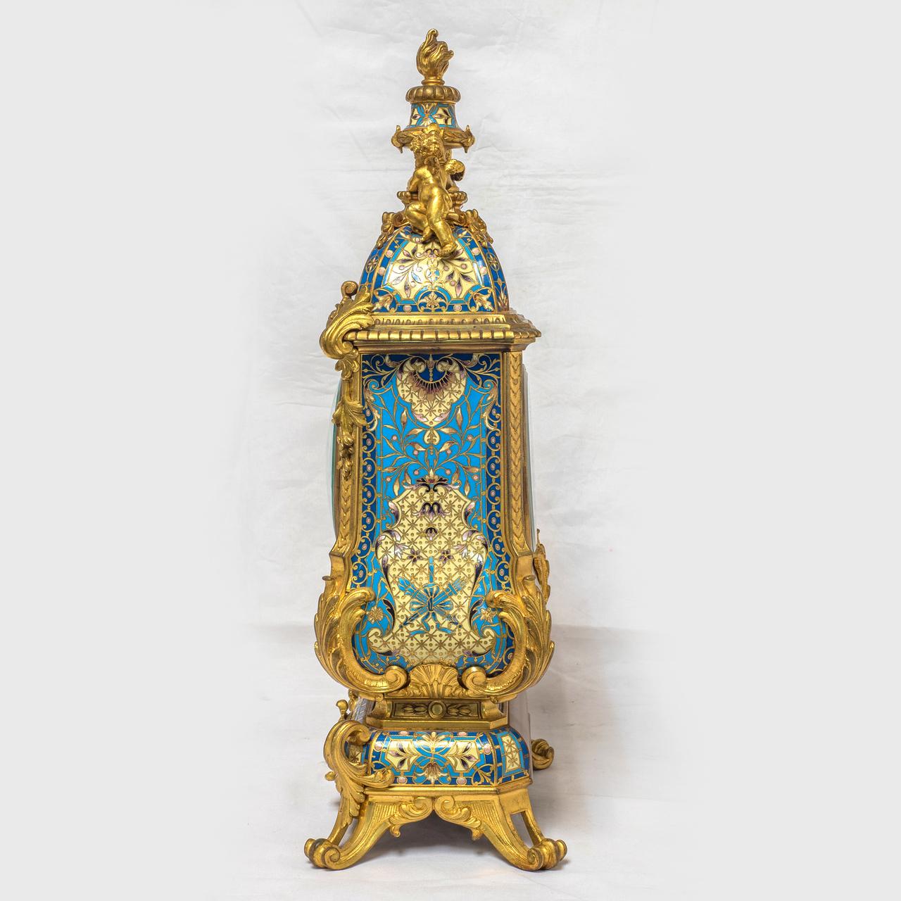 19th Century French Champleve Enamel and Ormolu Clock Set For Sale 1