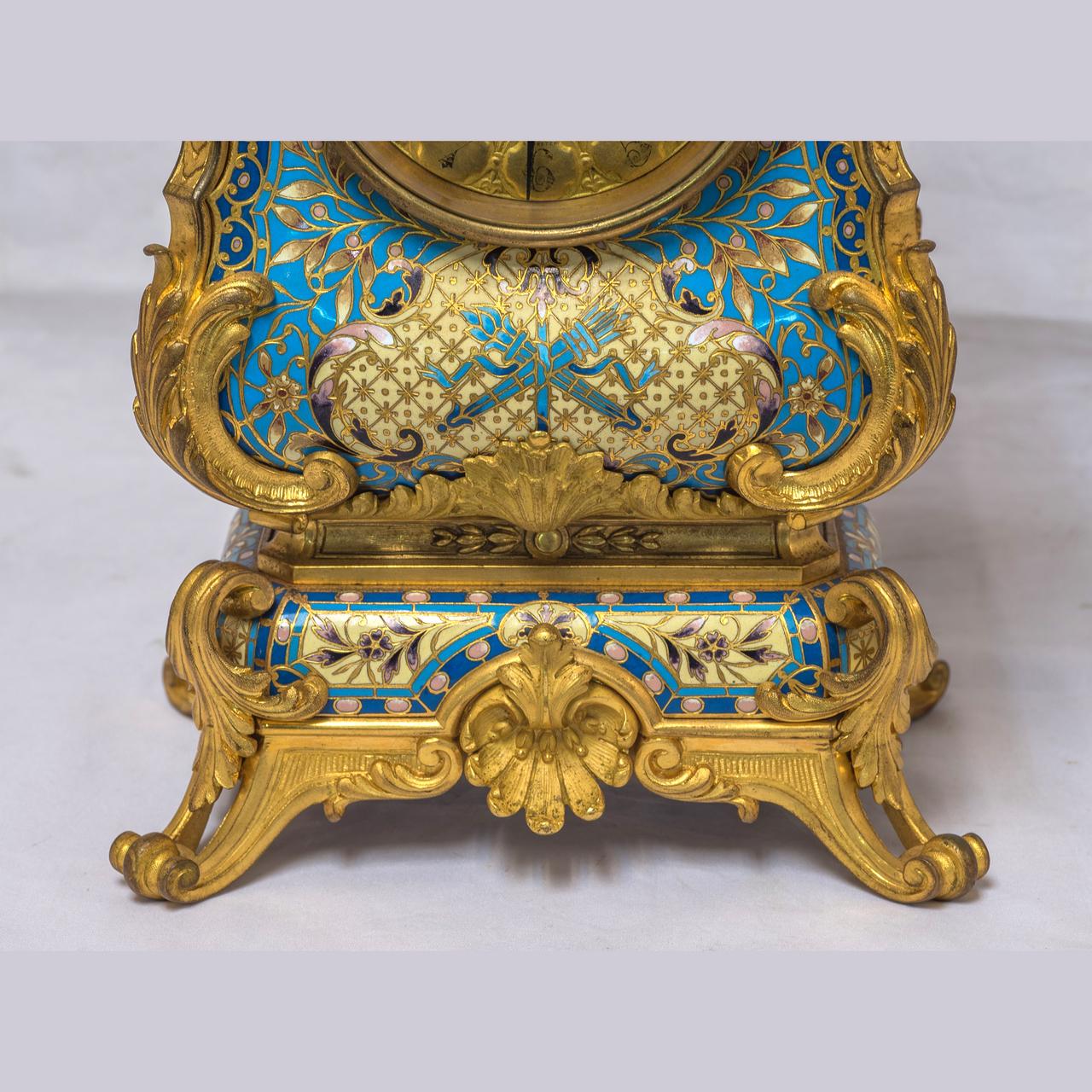 19th Century French Champleve Enamel and Ormolu Clock Set For Sale 2