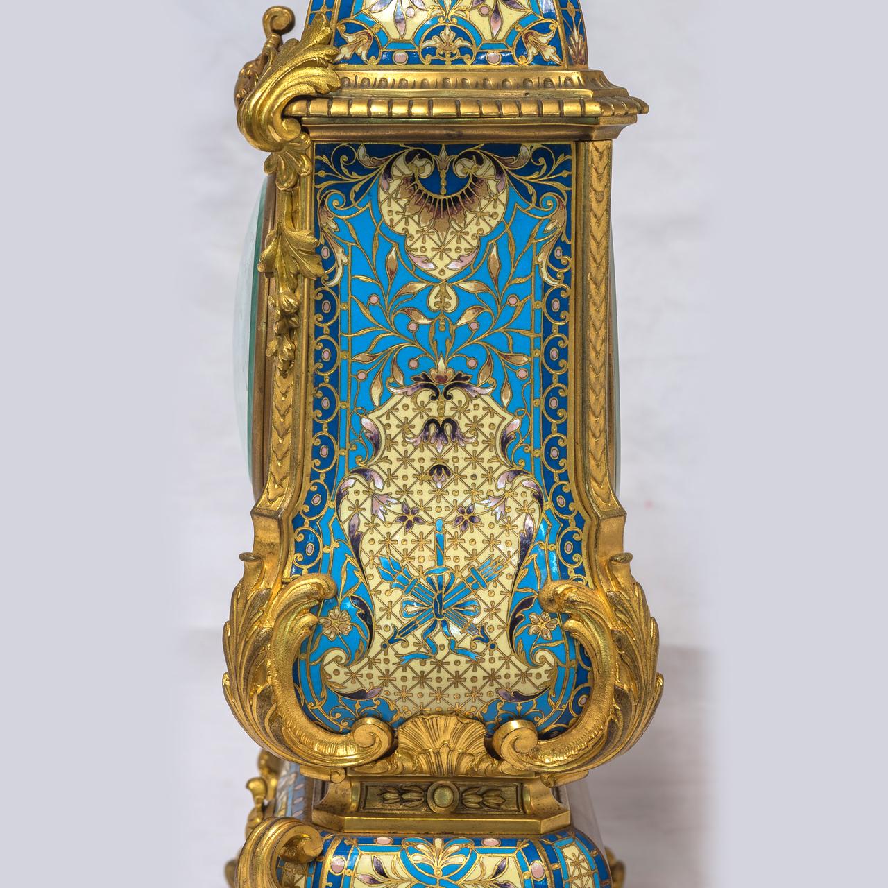 19th Century French Champleve Enamel and Ormolu Clock Set For Sale 3