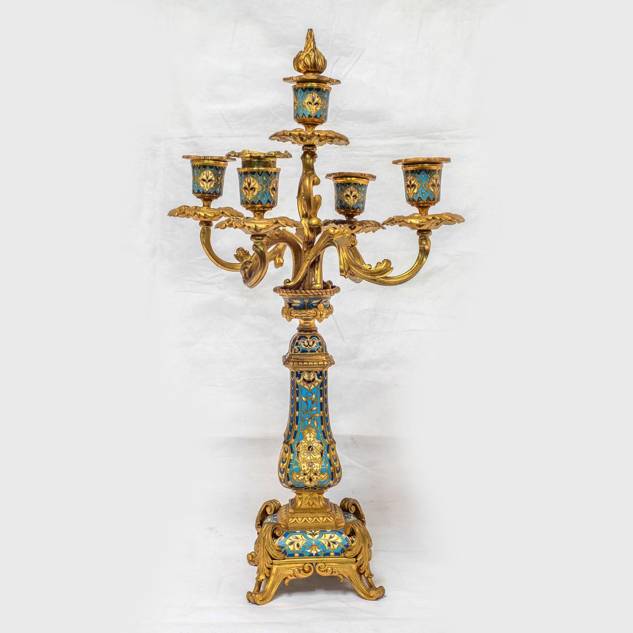 19th Century French Champleve Enamel and Ormolu Clock Set For Sale 4