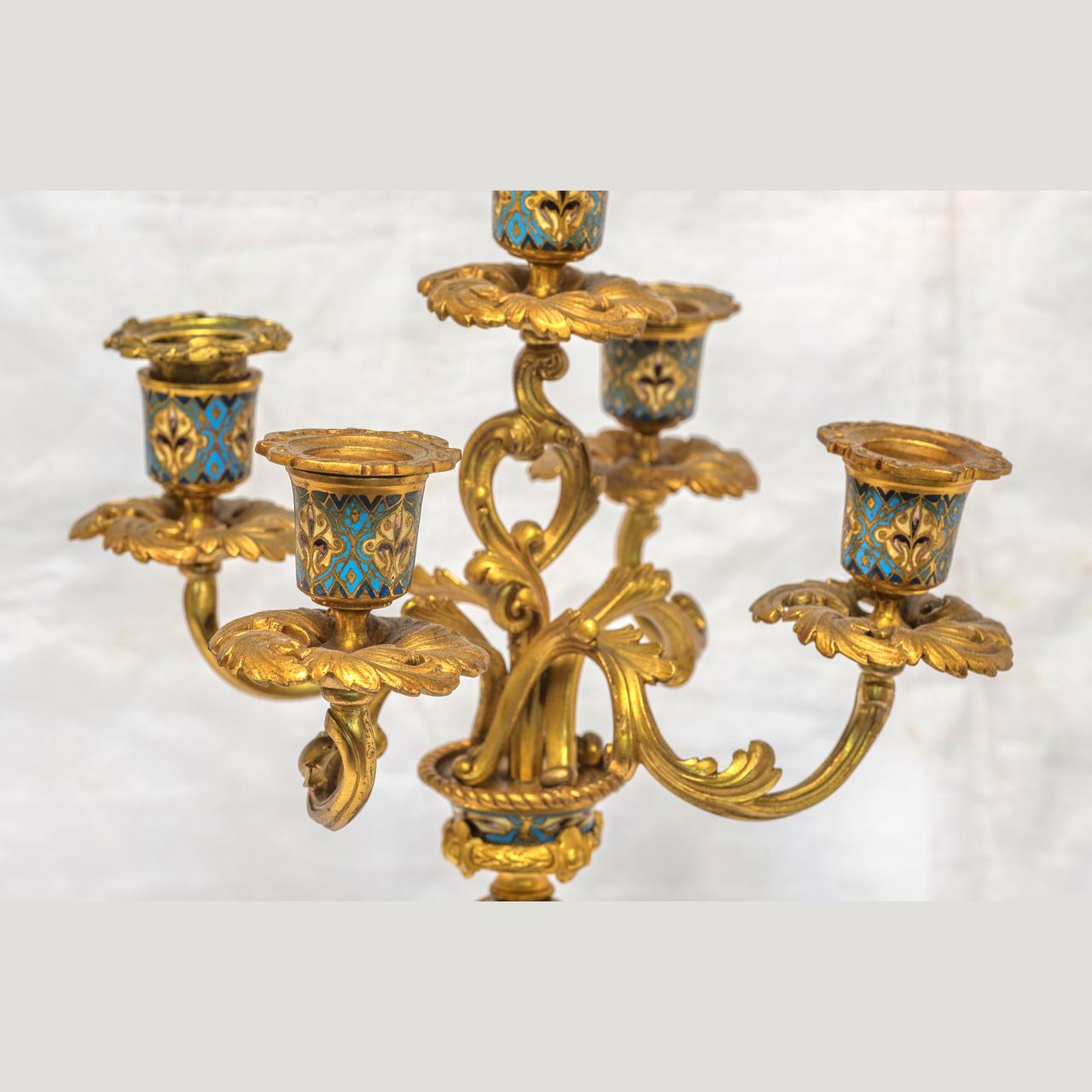 19th Century French Champleve Enamel and Ormolu Clock Set For Sale 5