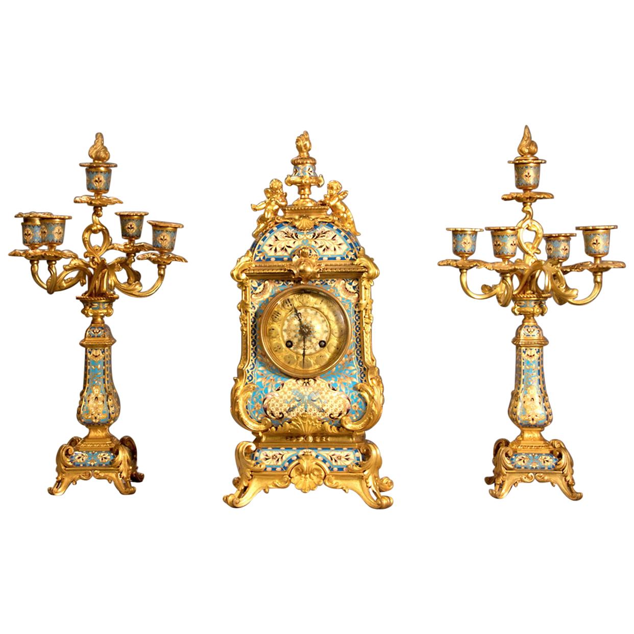 19th Century French Champleve Enamel and Ormolu Clock Set