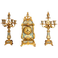 Antique 19th Century French Champleve Enamel and Ormolu Clock Set