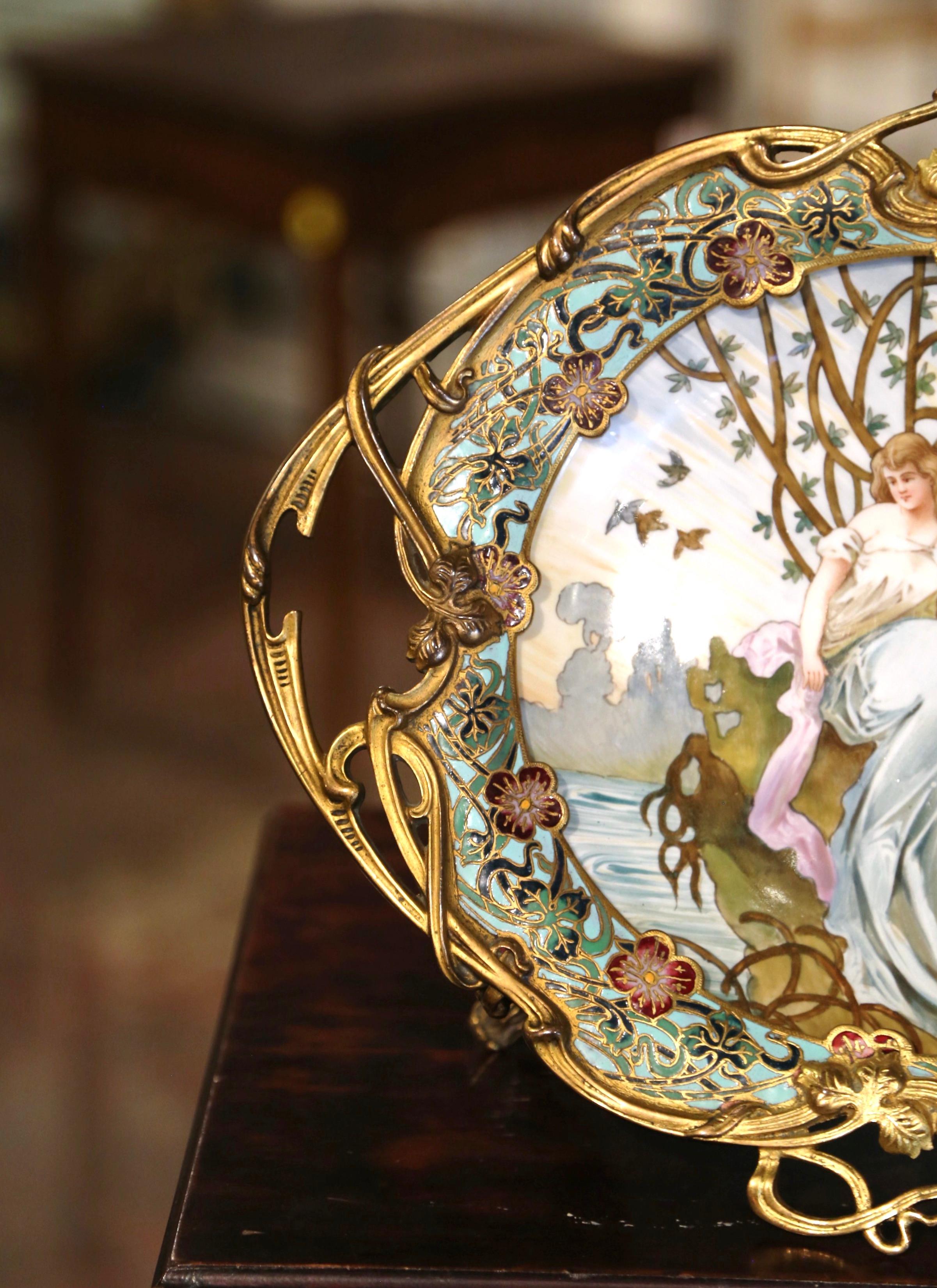 19th Century French Champlevé Enamel and Porcelain Centerpiece Signed Tisserand For Sale 6