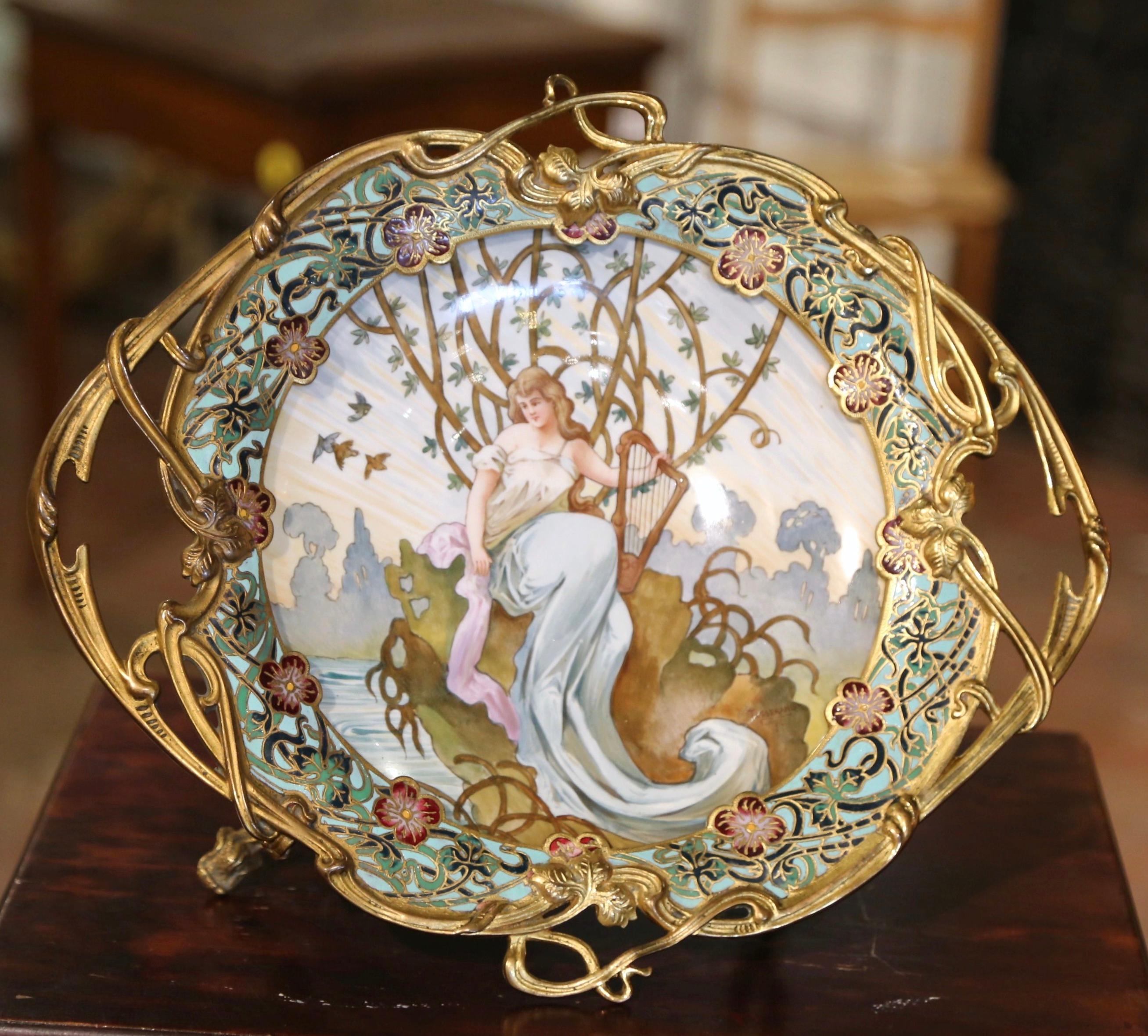19th Century French Champlevé Enamel and Porcelain Centerpiece Signed Tisserand In Good Condition For Sale In Dallas, TX