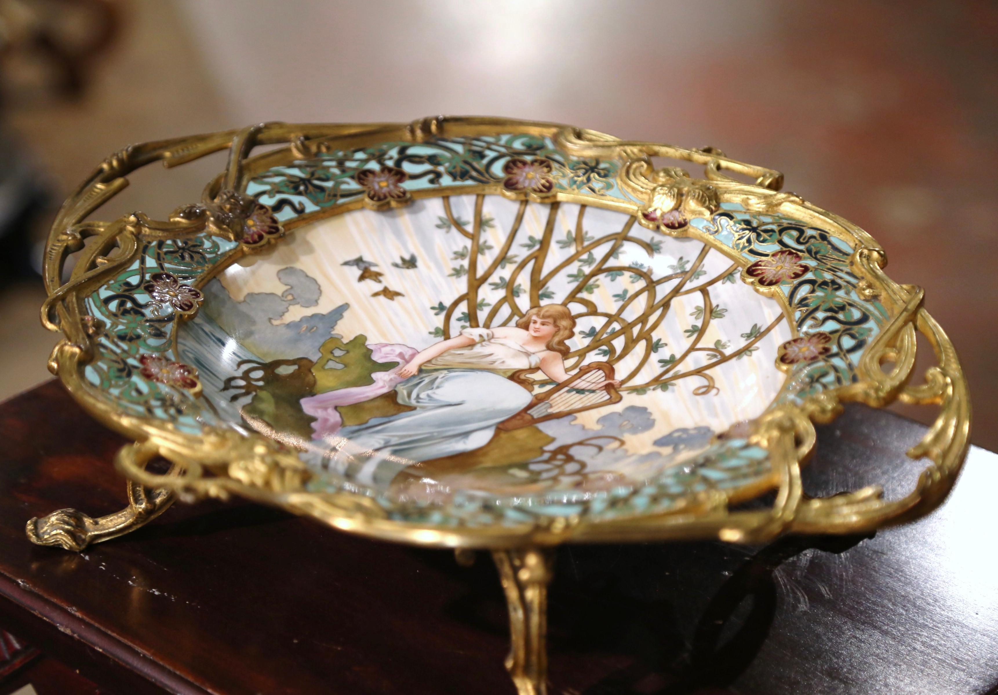 Bronze 19th Century French Champlevé Enamel and Porcelain Centerpiece Signed Tisserand For Sale