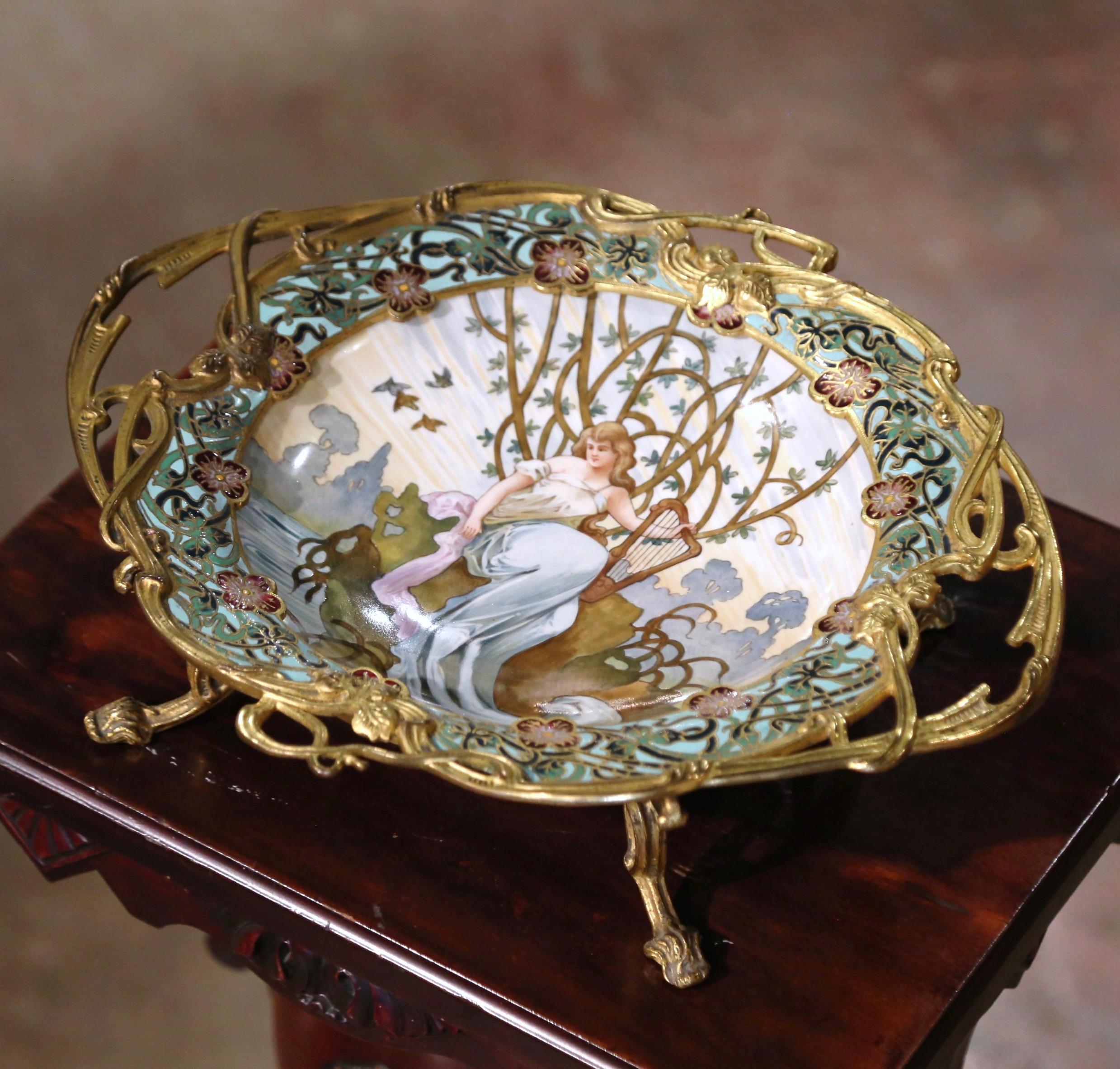 19th Century French Champlevé Enamel and Porcelain Centerpiece Signed Tisserand For Sale 1