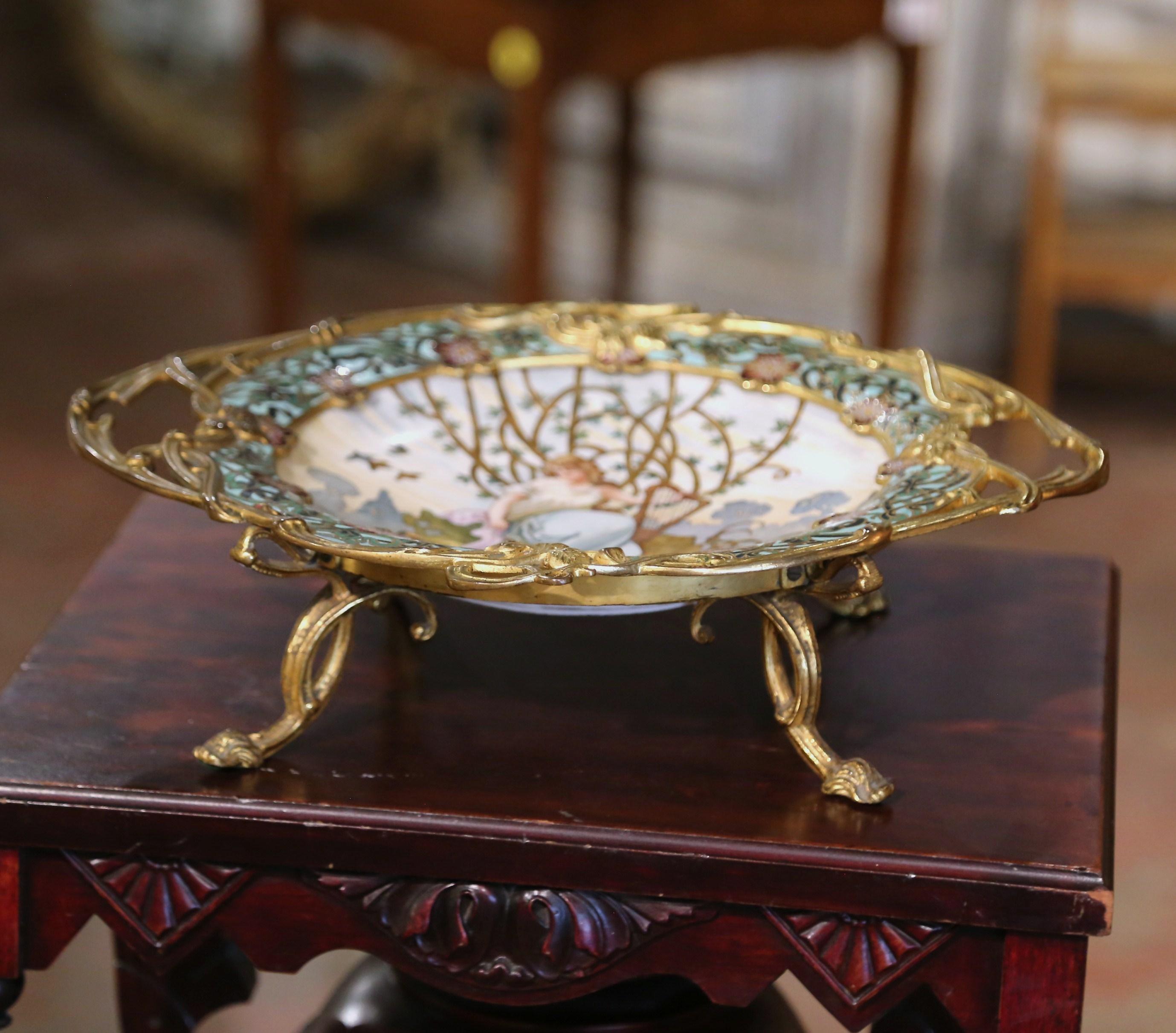 19th Century French Champlevé Enamel and Porcelain Centerpiece Signed Tisserand For Sale 2