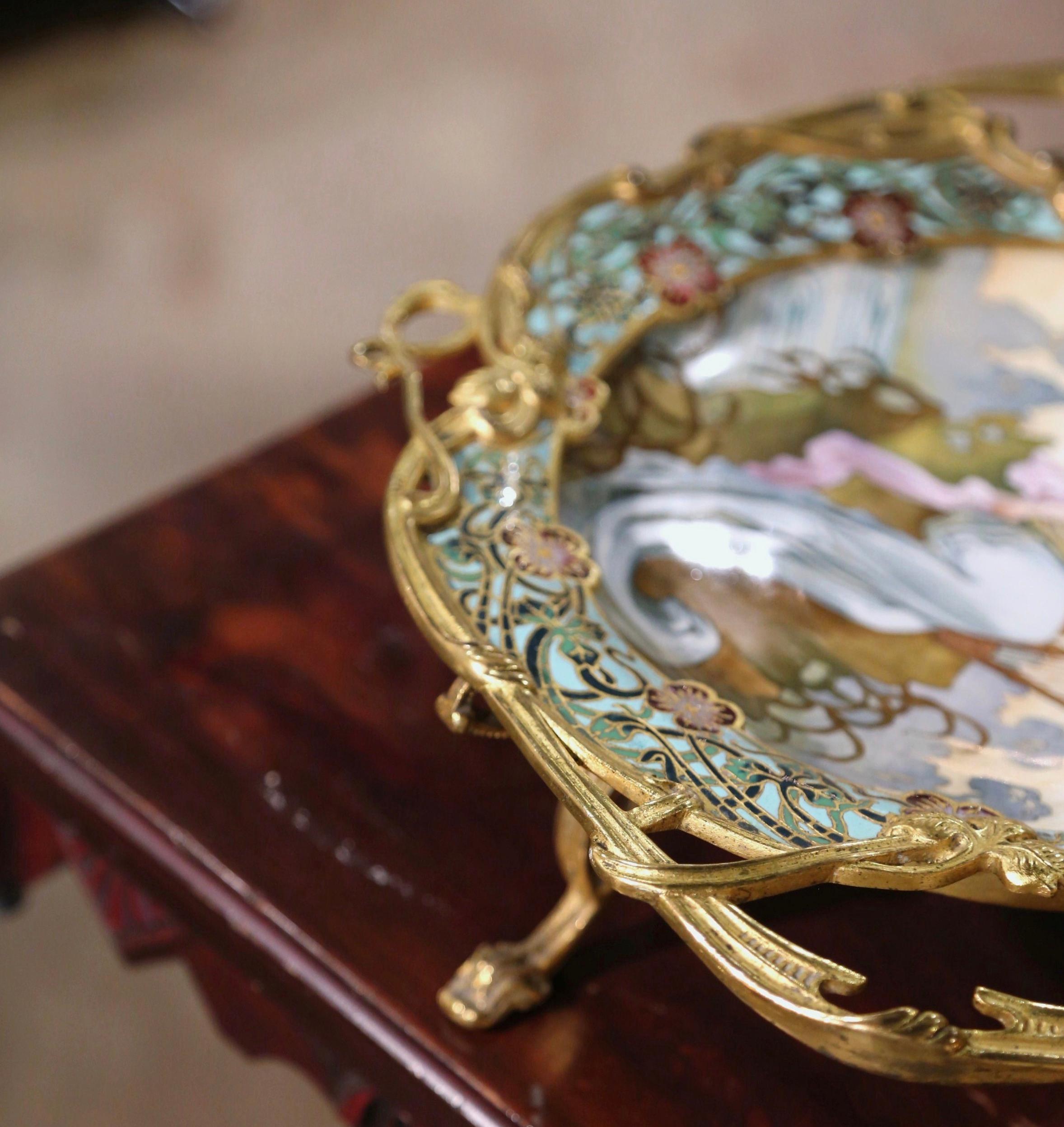 Bronze Centre de table en porcelaine et émail champlevé français du 19e siècle signé Tisserand en vente