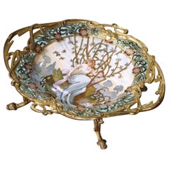 19th Century French Champlevé Enamel and Porcelain Centerpiece Signed Tisserand