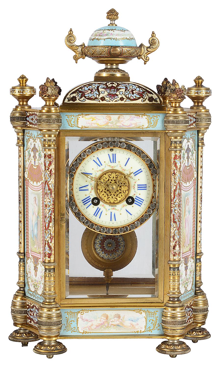 A very good quality late 19th Century French champlevé enamel and porcelain clock garniture, set in a gilded ormolu case, the porcelain panels to the clock and urns depicting classical maidens in the gardens, signed 'Collet', four enamel columns