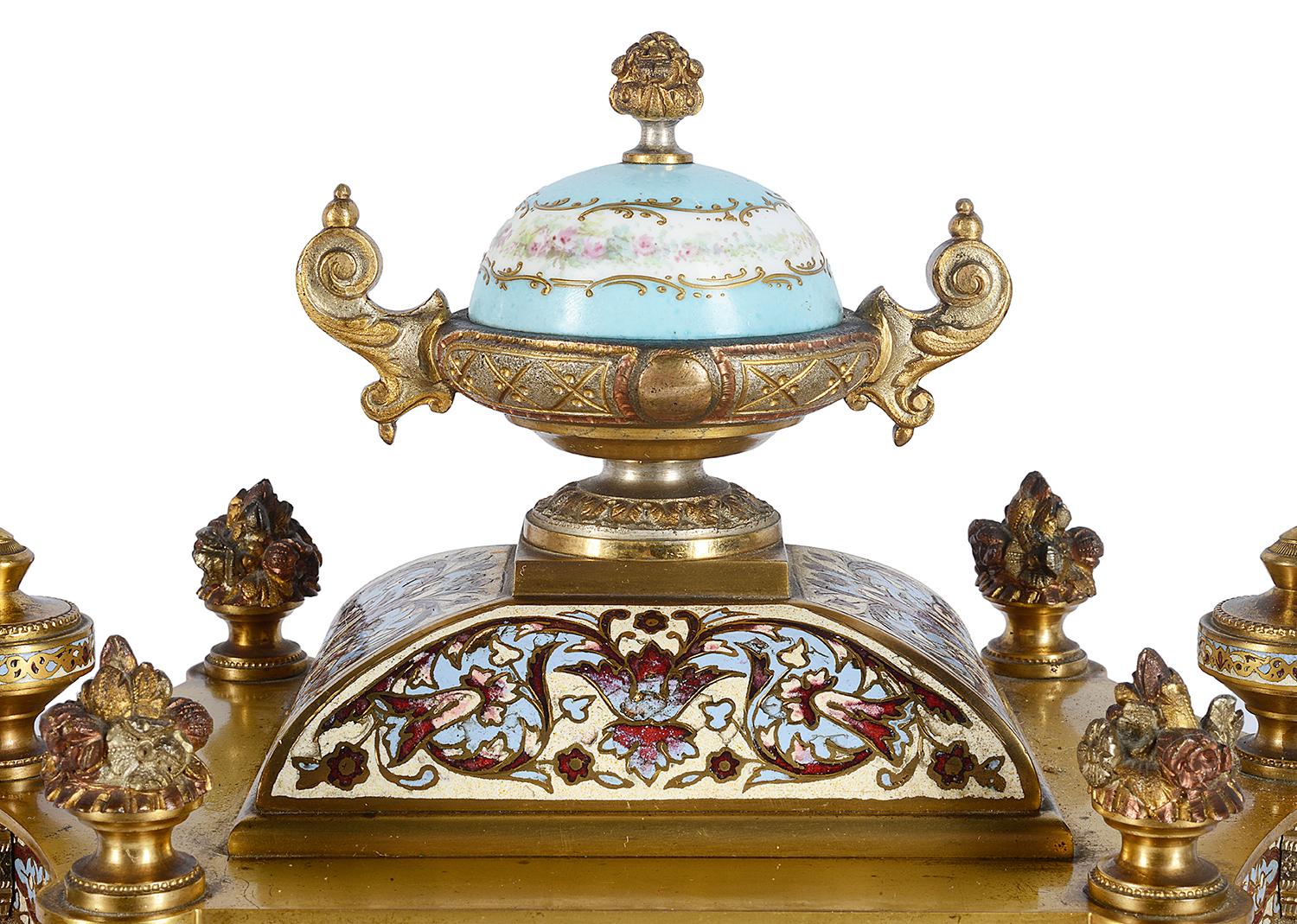 Hand-Painted 19th Century French Champlevé Enamel Clock Garniture For Sale