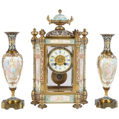 19th Century French Champlevé Enamel Clock Garniture