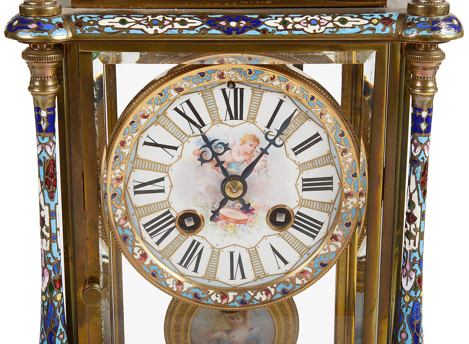 A very fine quality 19th century Louis XVI style gilded ormolu and champlevé enamel clock garniture, the four sided clock having four enamel columns, a pair of Sèvres style porcelain plaques depicting a gentlemen and lady, the porcelain clock face