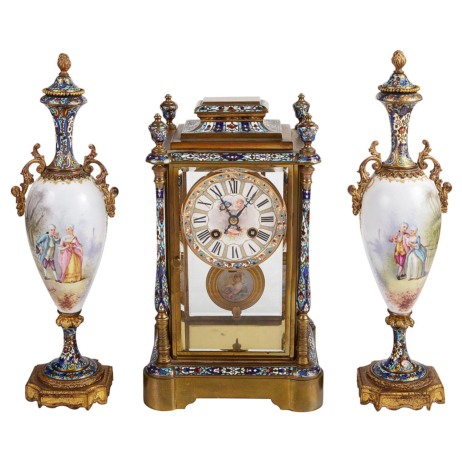 19th Century French Champlevé Enamel Clock Set