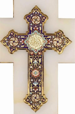 Panneau mural du 19e siècle en émail champlevé avec croix et fontaine d'eau bénite