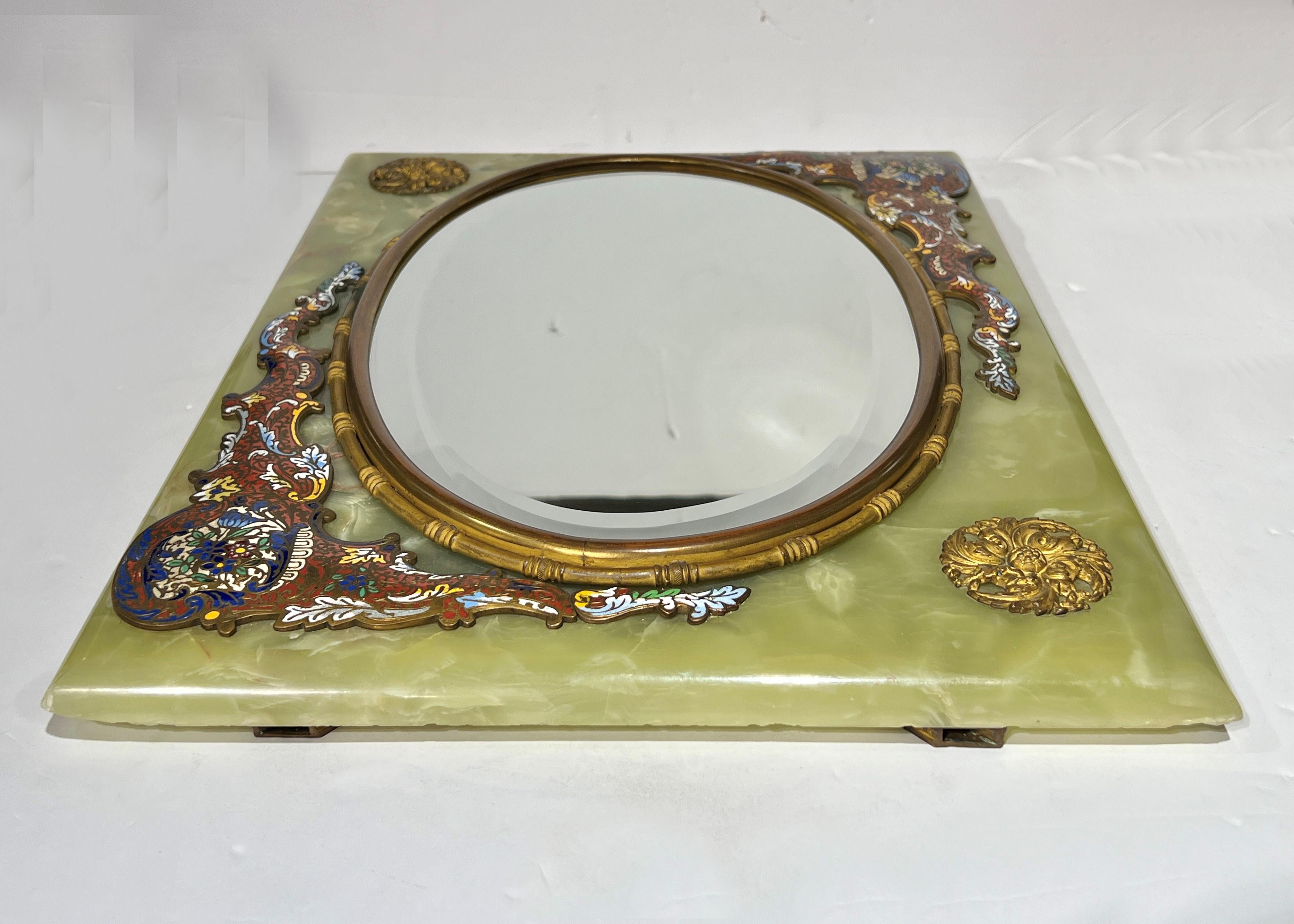 19th Century French Champleve Enameled Bronze and Onyx Table Mirror en vente 4