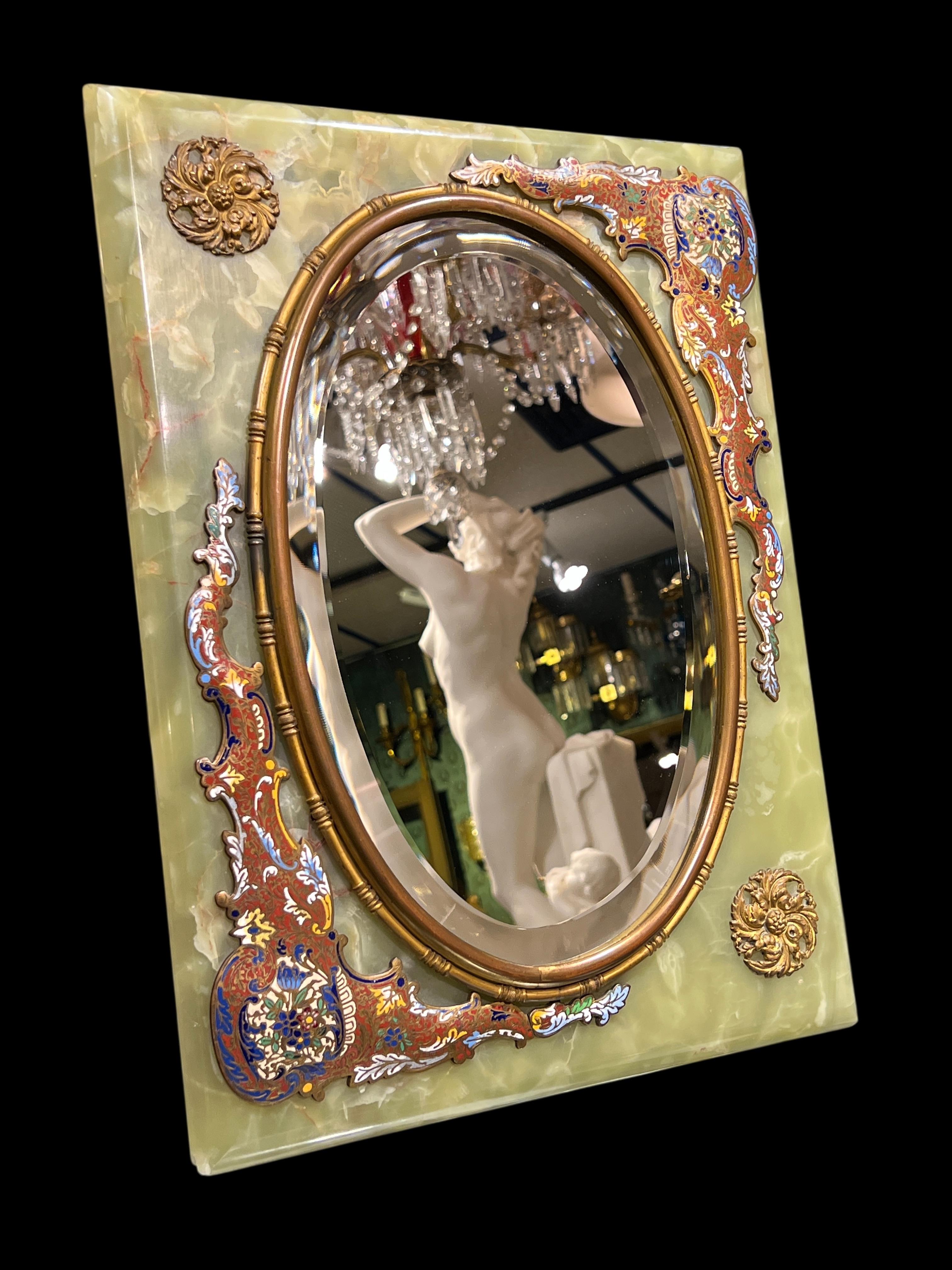 Art nouveau 19th Century French Champleve Enameled Bronze and Onyx Table Mirror en vente