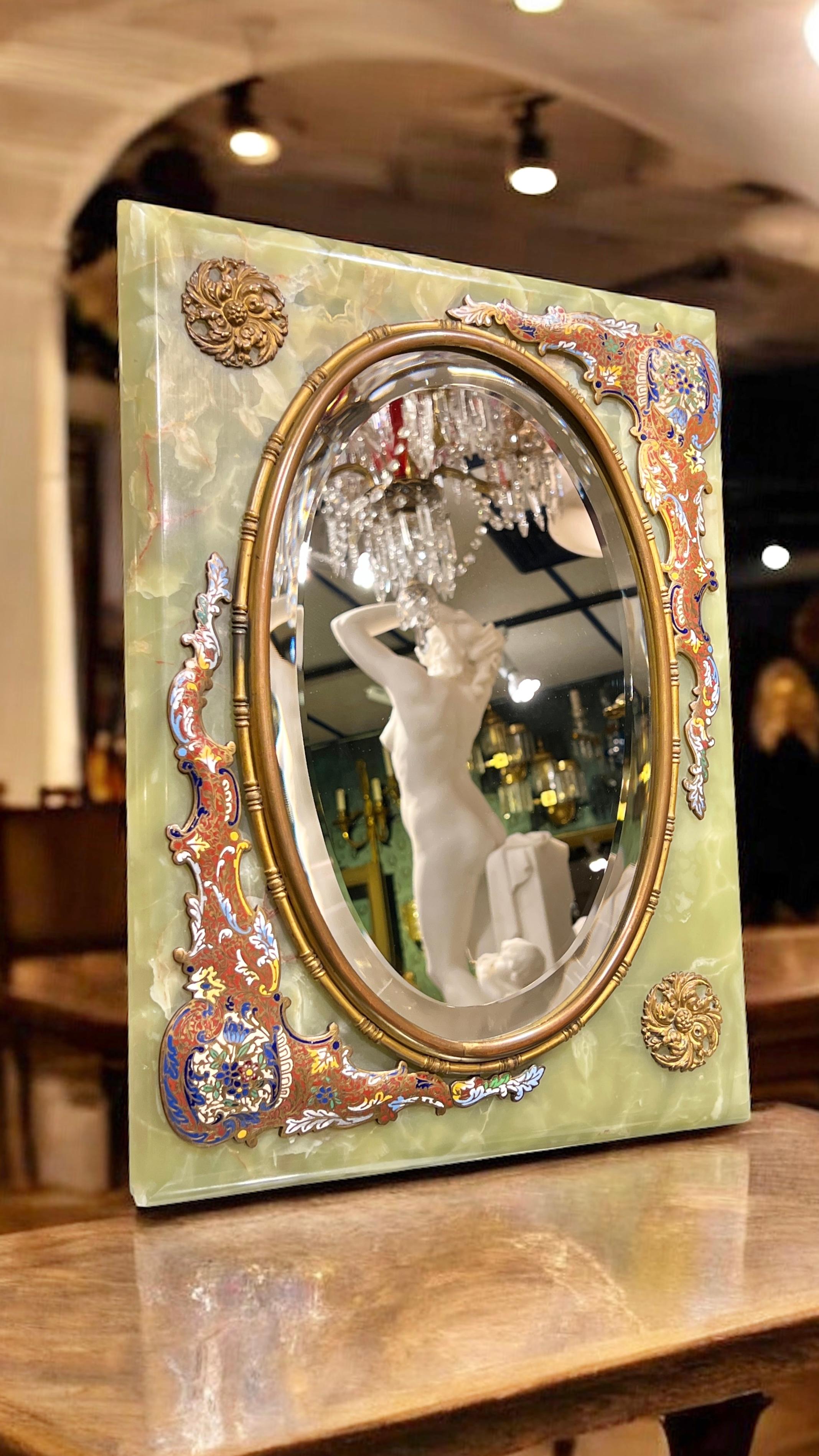 Français 19th Century French Champleve Enameled Bronze and Onyx Table Mirror en vente
