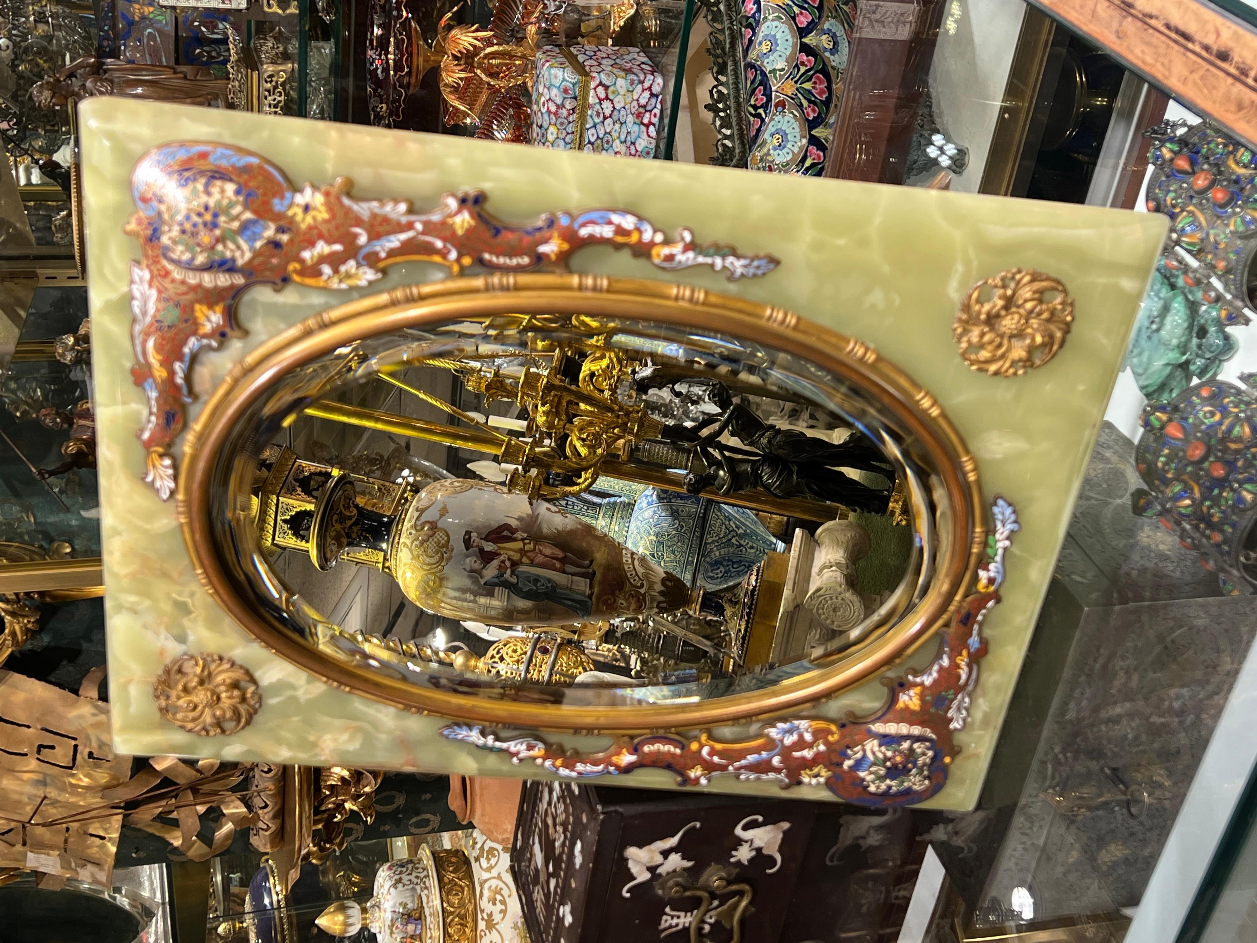 XIXe siècle 19th Century French Champleve Enameled Bronze and Onyx Table Mirror en vente
