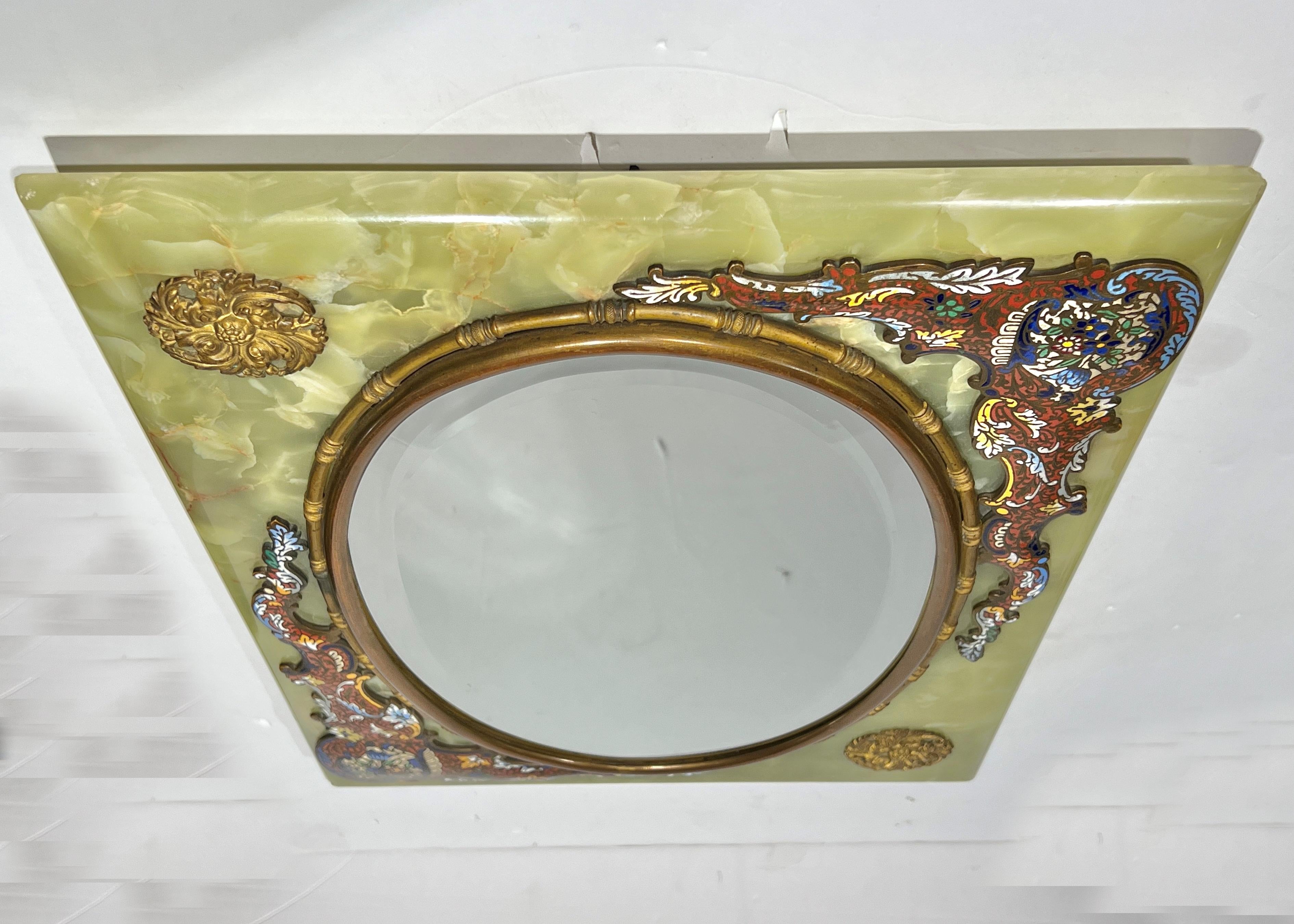 19th Century French Champleve Enameled Bronze and Onyx Table Mirror en vente 3