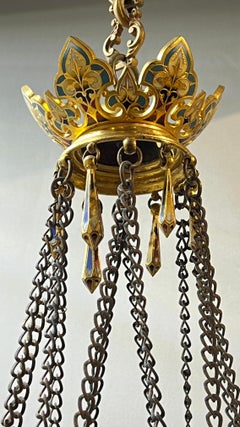 19th Century French Champleve Enameled Bronze and Ruby Red Glass Chandelier