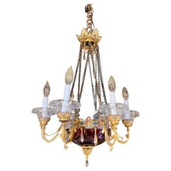 Antique 19th Century French Champleve Enameled Bronze and Ruby Red Glass Chandelier