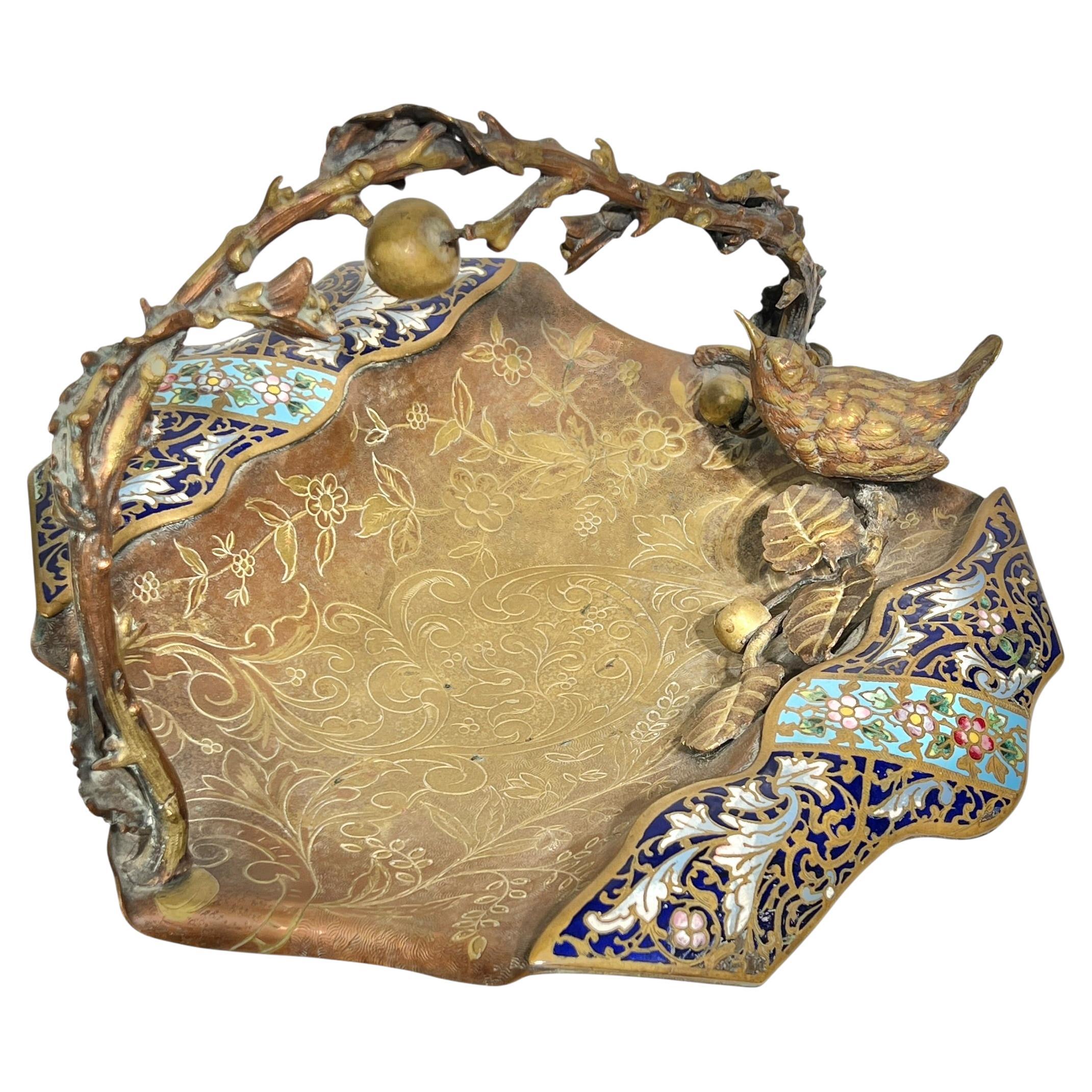 19th Century French Champleve Enameled Bronze Centerpiece Basket Aesthetic Style