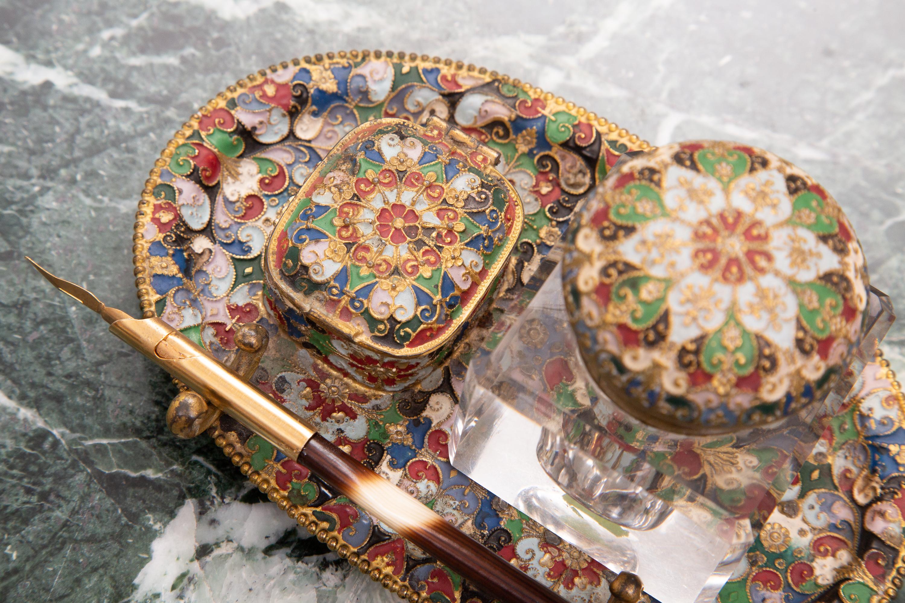 Inlay 19th Century French Champleve Inkstand For Sale