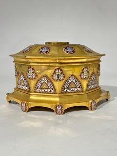 19th Century French Champleve Inlaid Gilt Bronze Table Casket / Jewelry Box