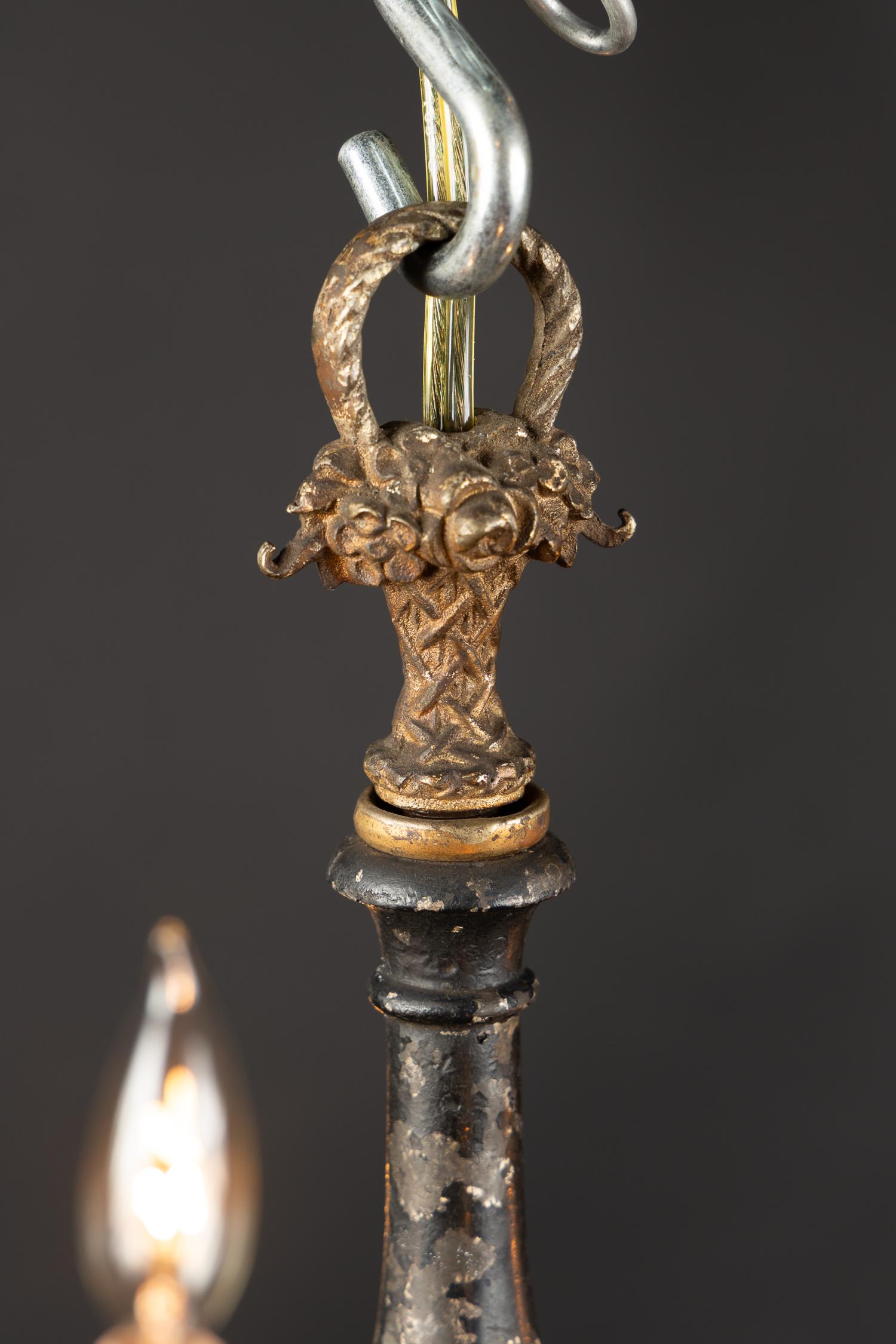 19th Century French Chandelier with Black Enamel Center and Chiseled Bronze Top In Good Condition For Sale In New Orleans, LA