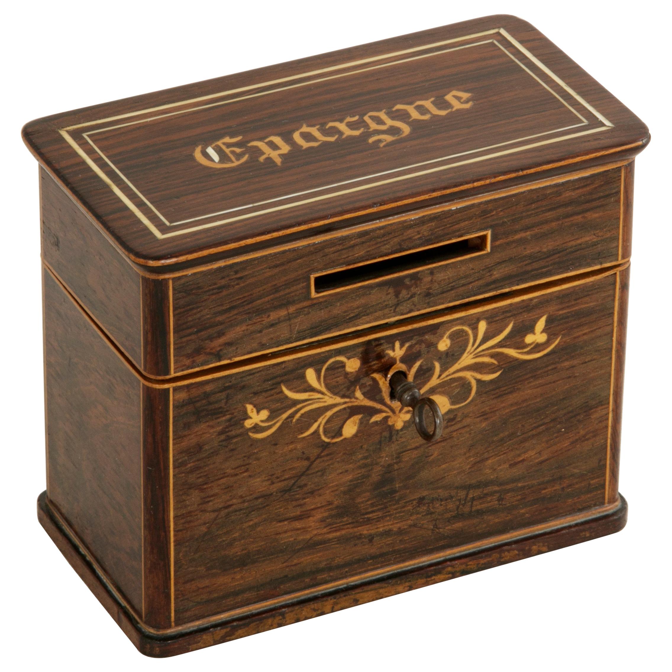 19th Century French Charles X Period Mahogany and Lemon Wood Marquetry Coin Box