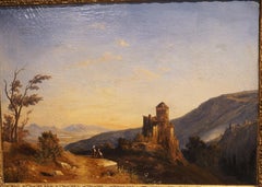 Cuadro al óleo sobre lienzo del siglo XIX que representa un paisaje con un castillo francés, con marco de madera dorada