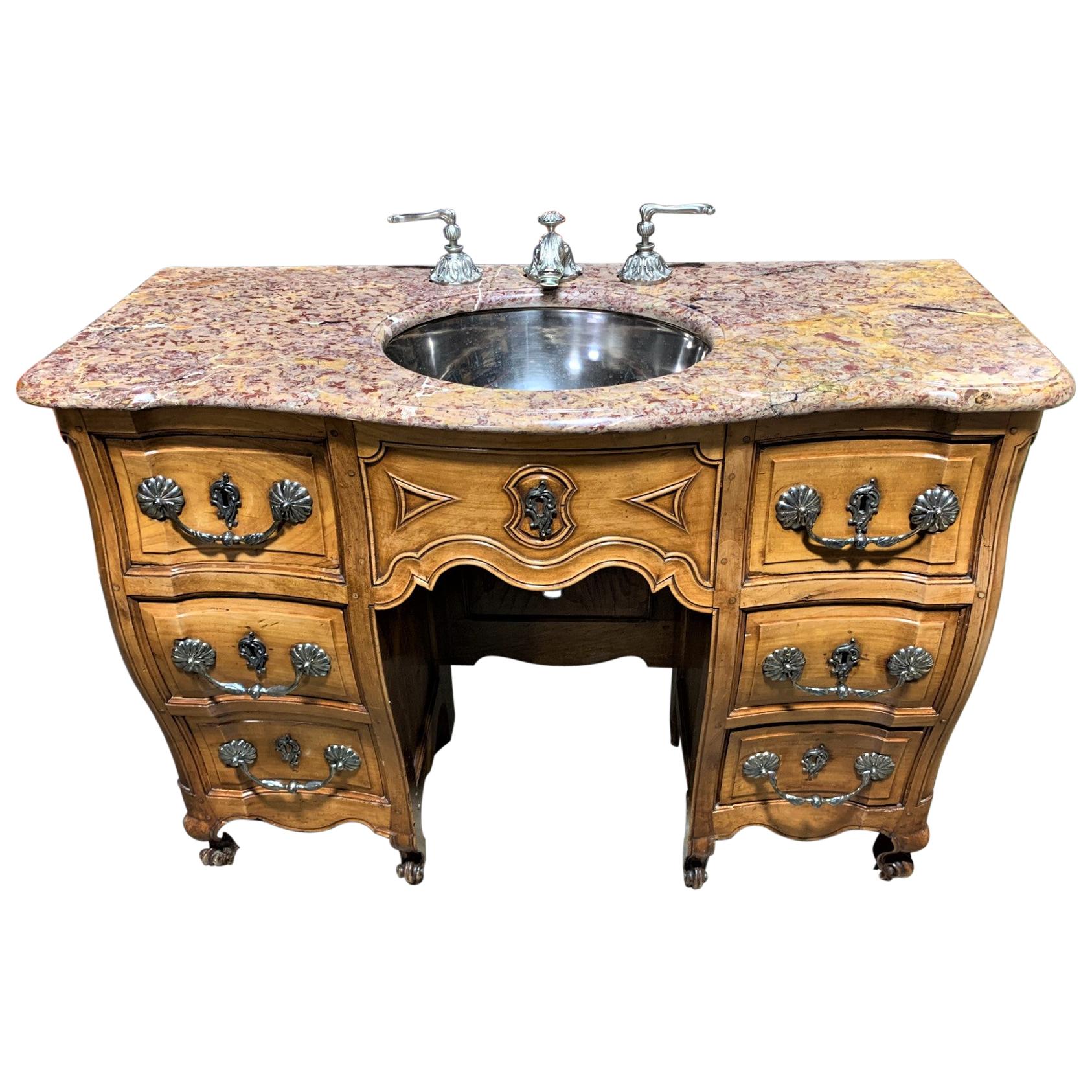 19th Century French Cherrywood And Marble Top Bathroom Vanity For