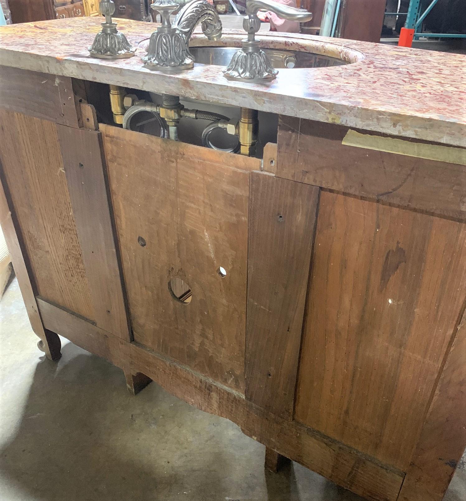 Polished 19th Century French Cherrywood and Marble-Top Bathroom Vanity