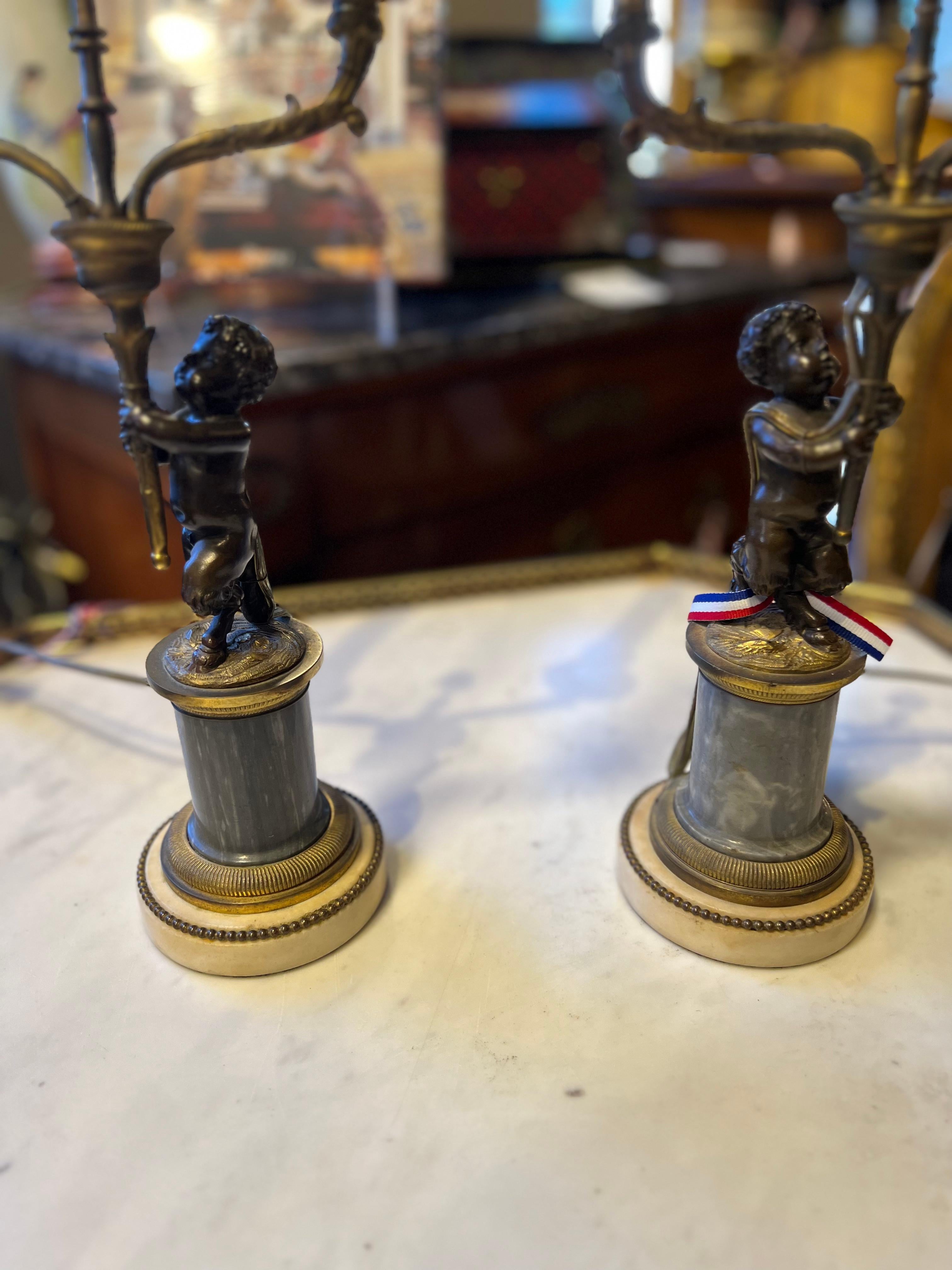 Bronze 19th Century French Cherub Candelabra to Lamp For Sale