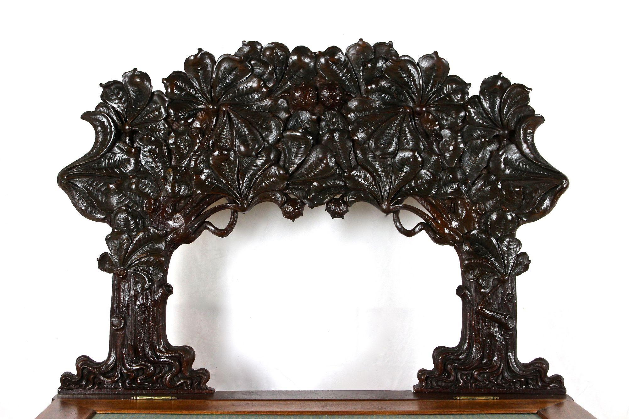 Hand-Carved 19th Century French Chest Bench With Chestnut Tree Motif, France ca. 1890/1900