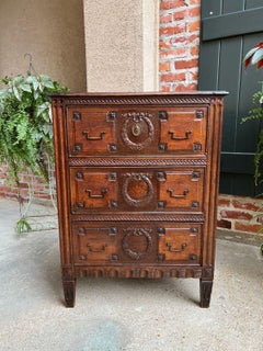 19th century French Chest End Table Louis XVI Carved Oak Laurel Wreath Commode