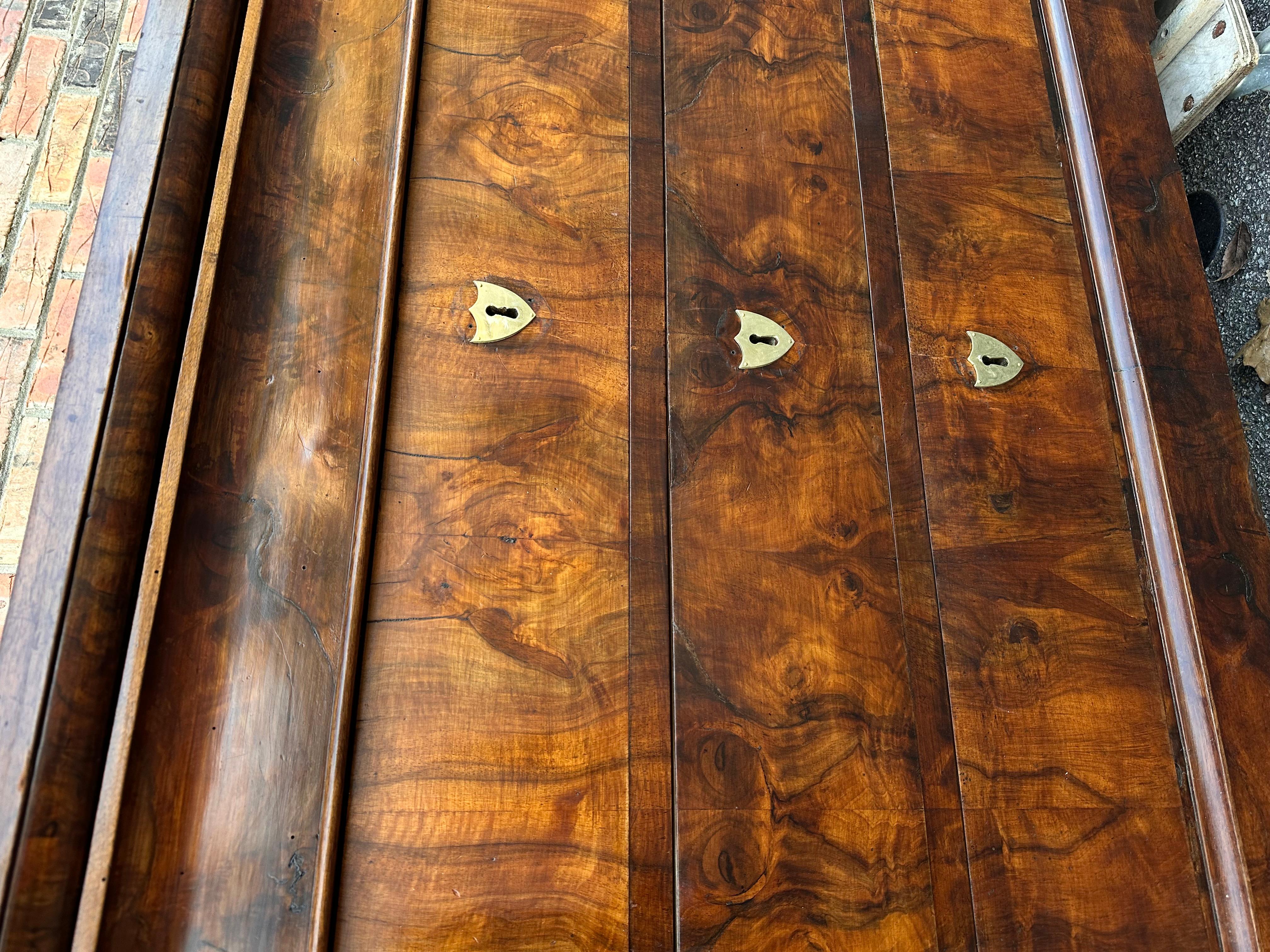This is a beautiful 19th century French piece! The burled walnut has gorgeous natural design that is excellently showcased by the chest of drawer's boldly simple front. The wood has such a splendid character and patina of its own, little