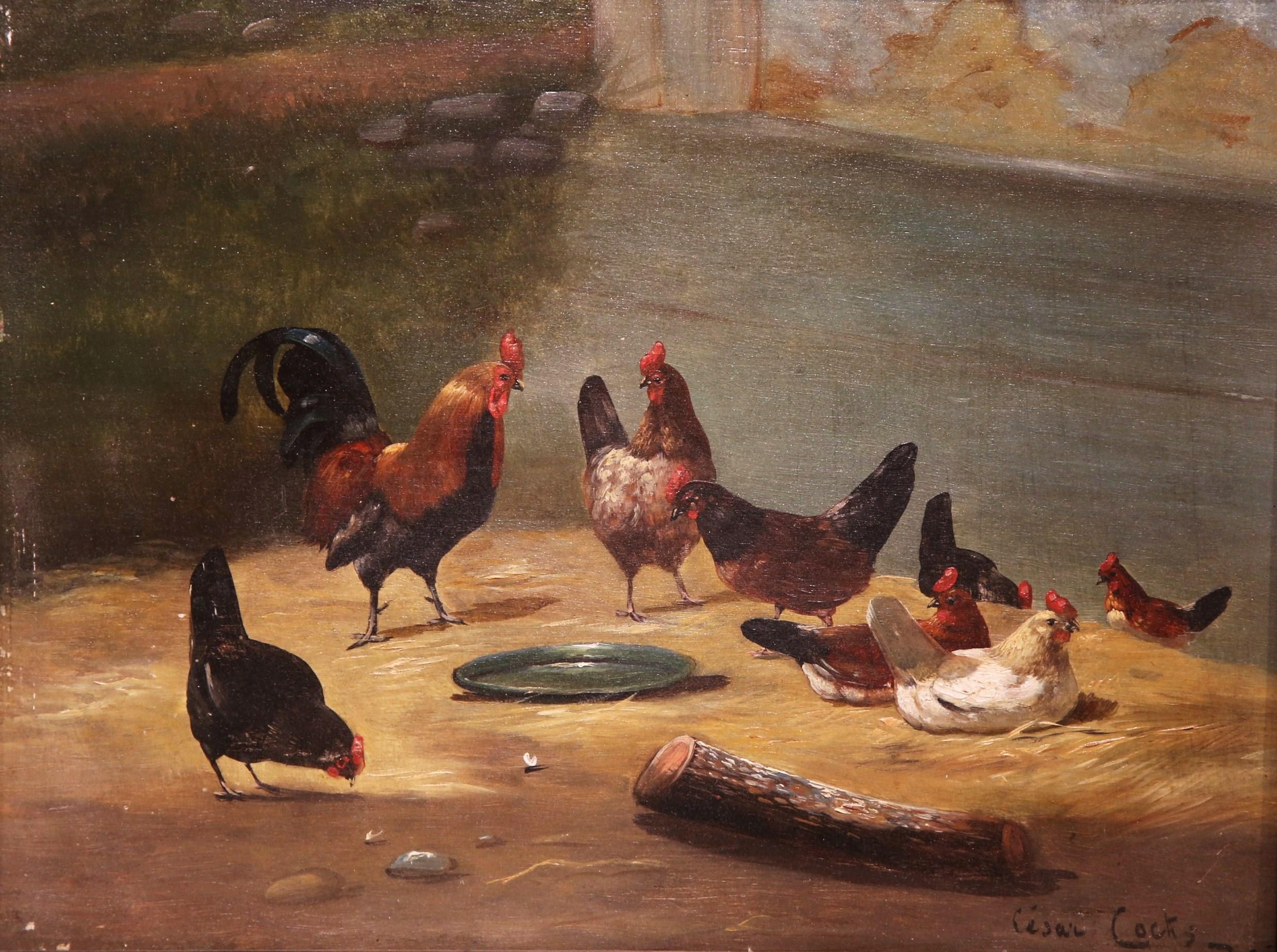 This colorful antique painting was painted in France, circa 1870 and is signed on the bottom right by Cesar Cocks. The bucolic, colorful scene of chickens and roosters grazing in a barnyard is set in its original carved, gold leaf frame. The