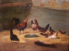 19th Century French Chicken and Roosters Oil Painting in Carved Gilt Frame