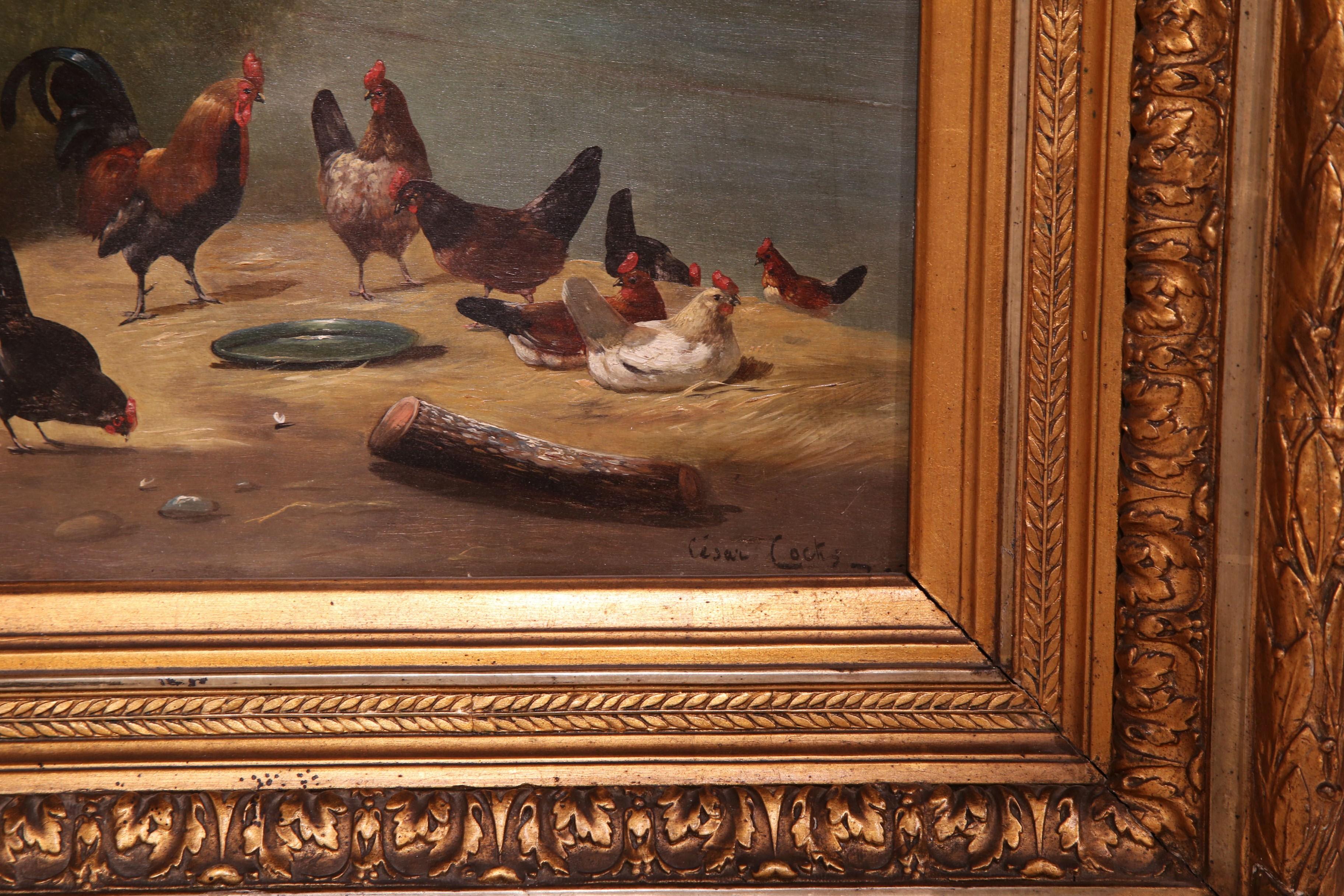 Hand-Painted 19th Century French Chicken and Roosters Oil Painting in Carved Gilt Frame
