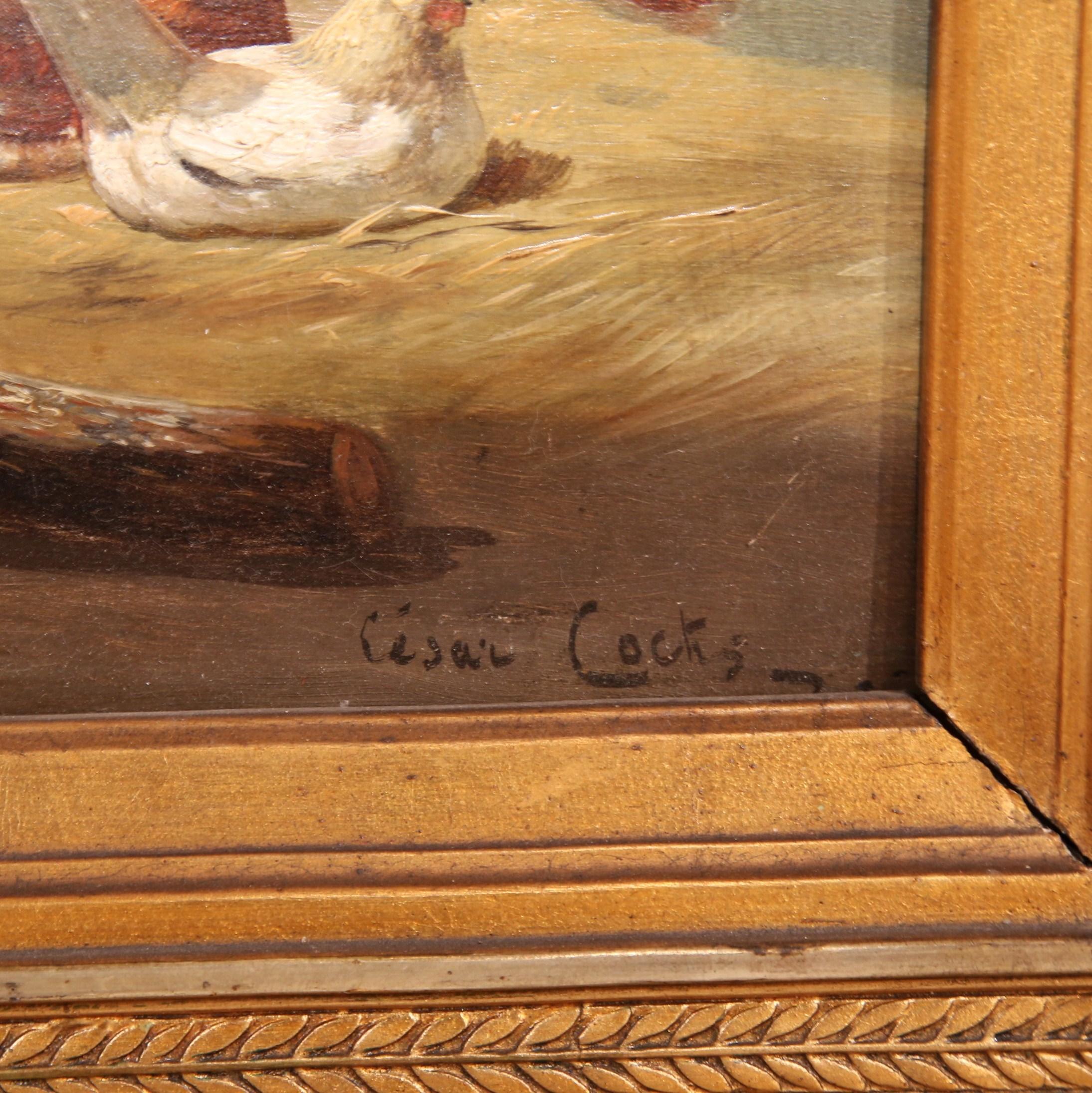 19th Century French Chicken and Roosters Oil Painting in Carved Gilt Frame In Excellent Condition In Dallas, TX