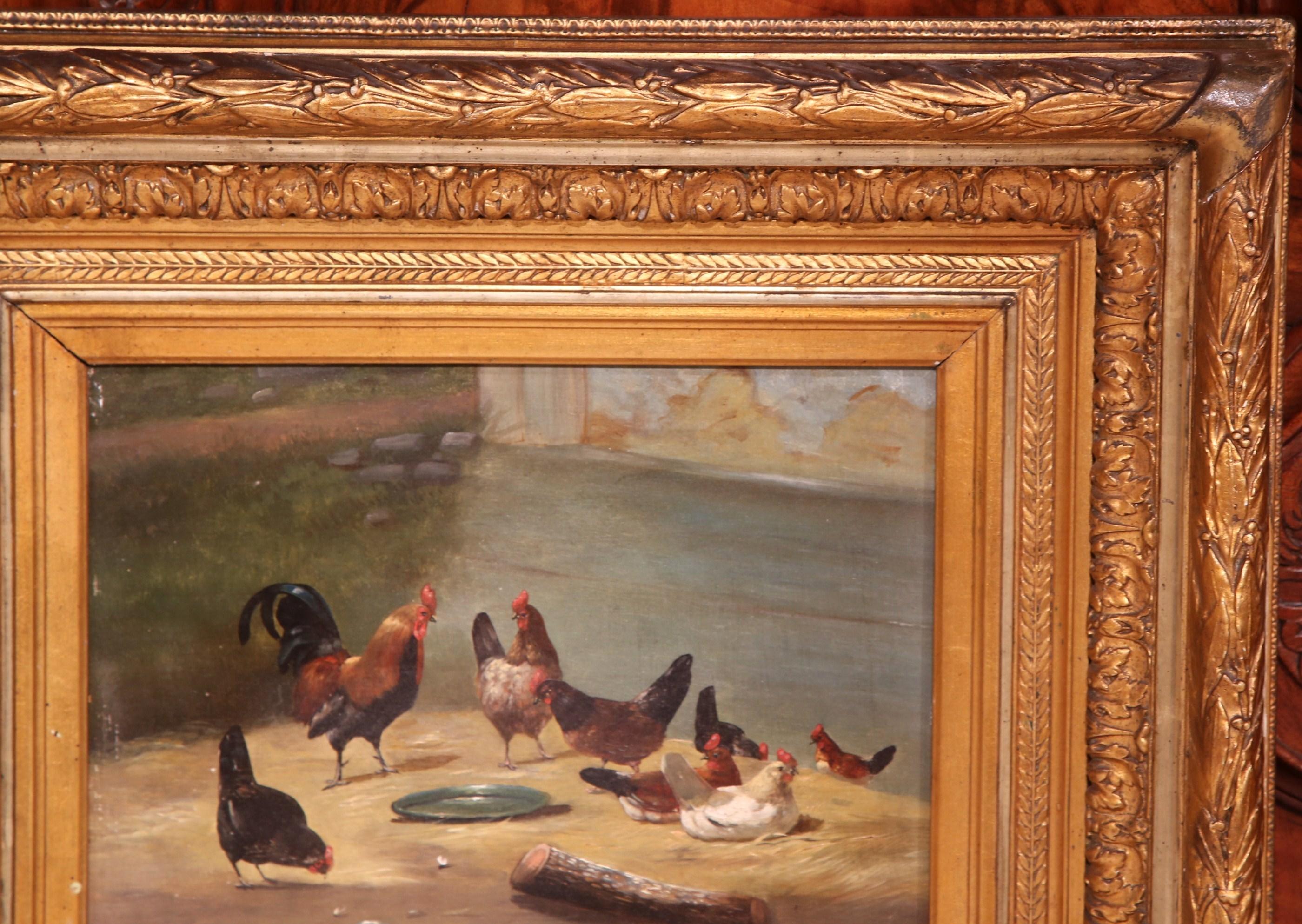 Giltwood 19th Century French Chicken and Roosters Oil Painting in Carved Gilt Frame