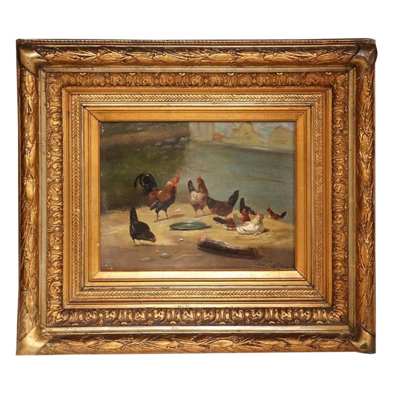 19th Century French Chicken and Roosters Oil Painting in Carved Gilt Frame