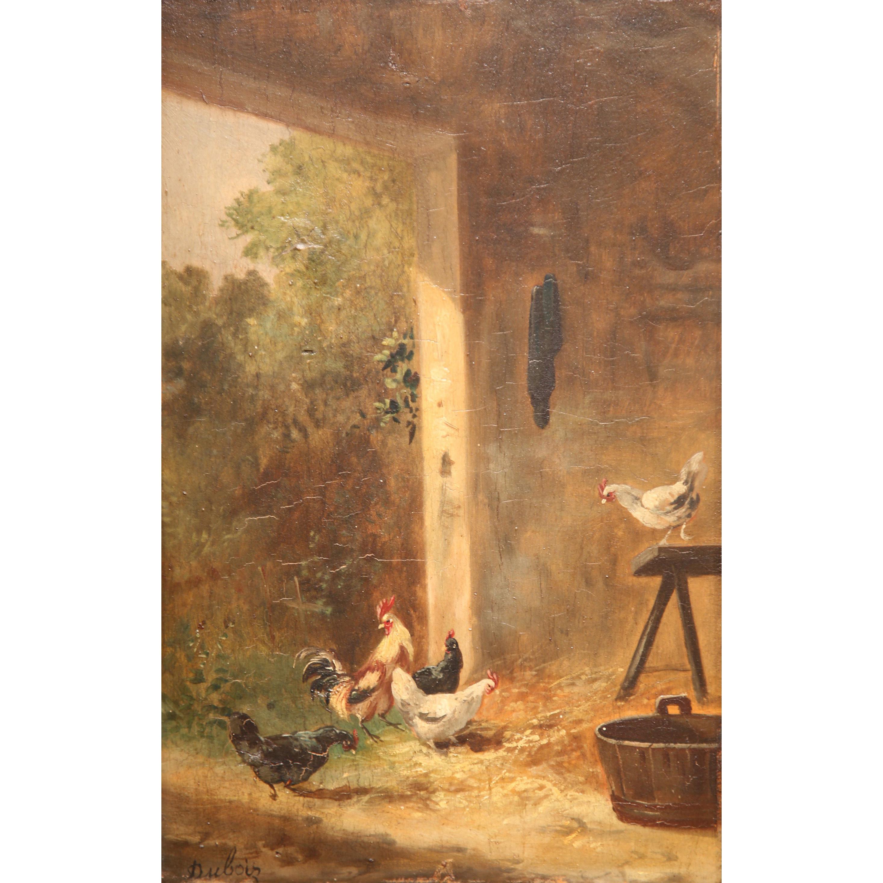 This antique oil on board painting was created in France, circa 1870. Set inside a carved gilt frame, the simple composition depicts a typical 